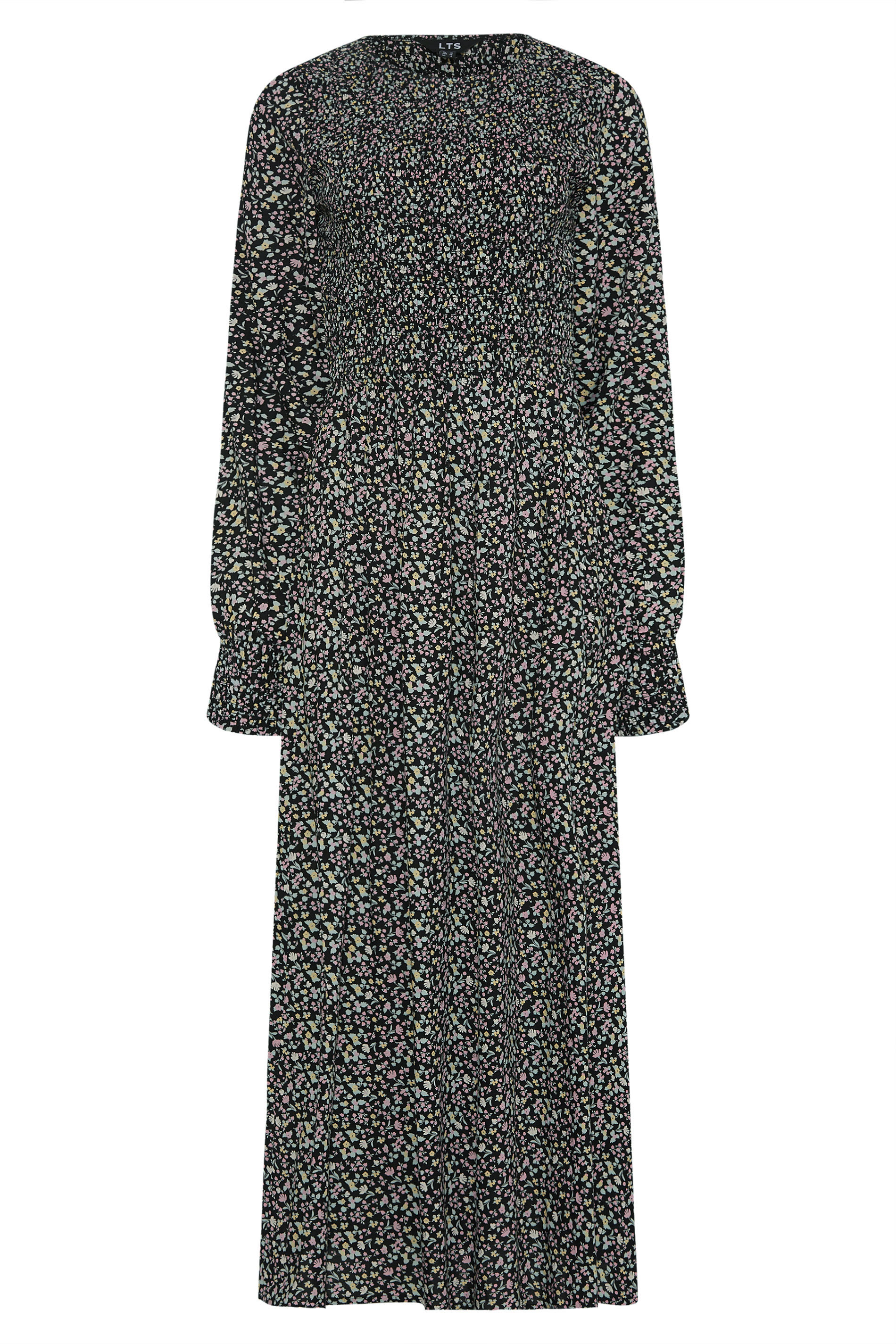 LTS Tall Women's Black Ditsy Shirred Midi Dress | Long Tall Sally