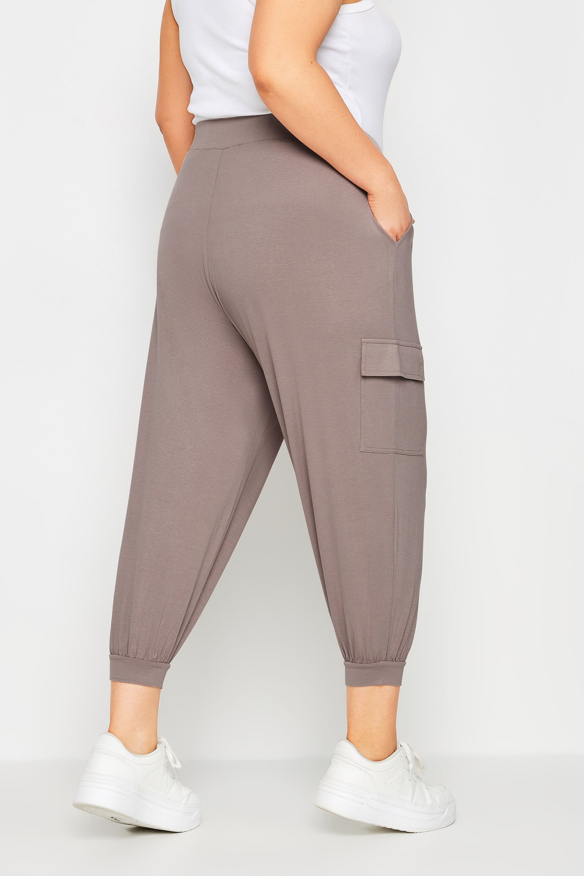 YOURS Plus Size Stone Brown Cropped Cargo Harem Trousers | Yours Clothing 3