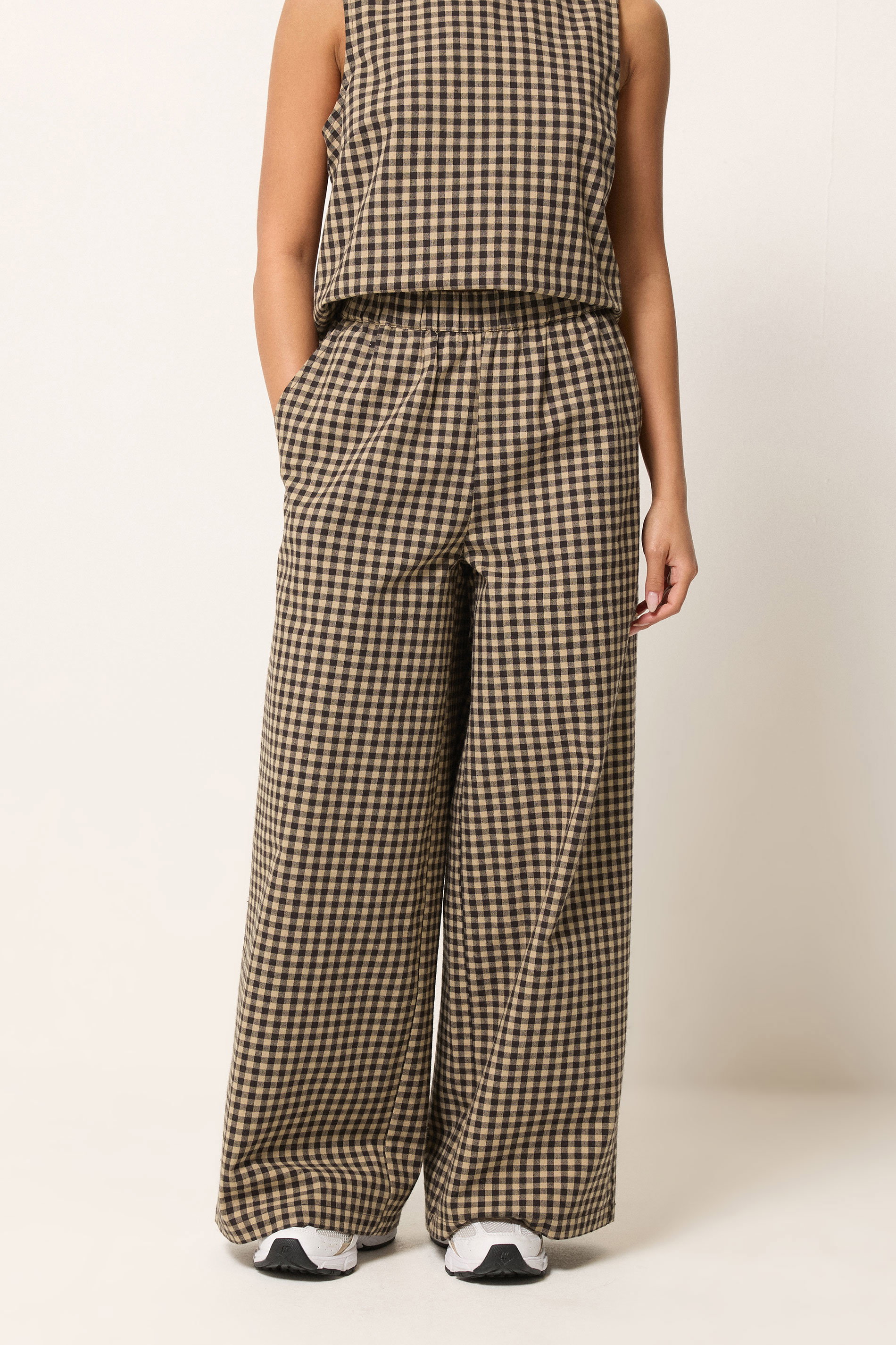 PixieGirl Petite Women's Brown Gingham Wide Leg Trousers | PixieGirl 2