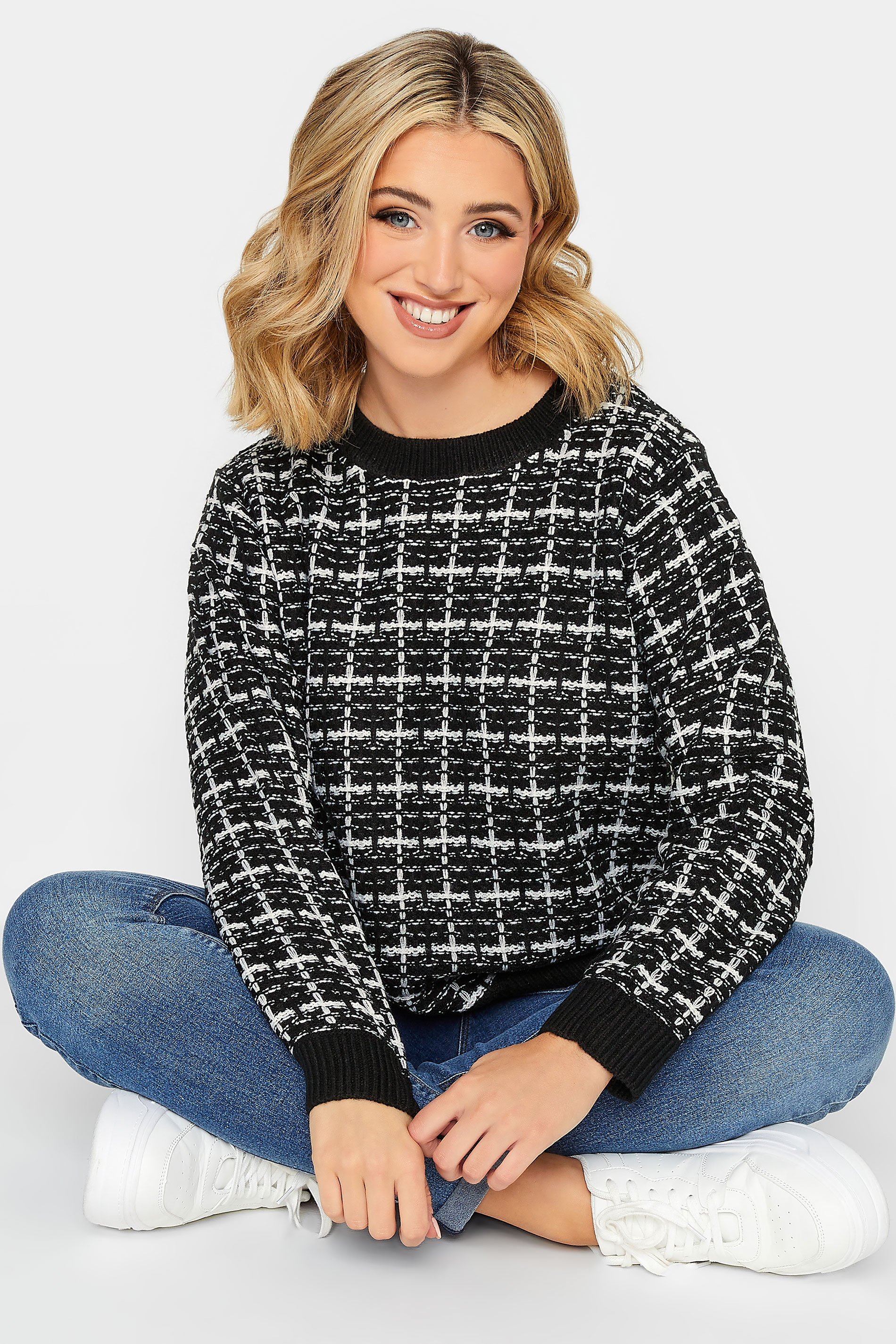YOURS PETITE Plus Size Black Check Boucle Jumper | Yours Clothing 1