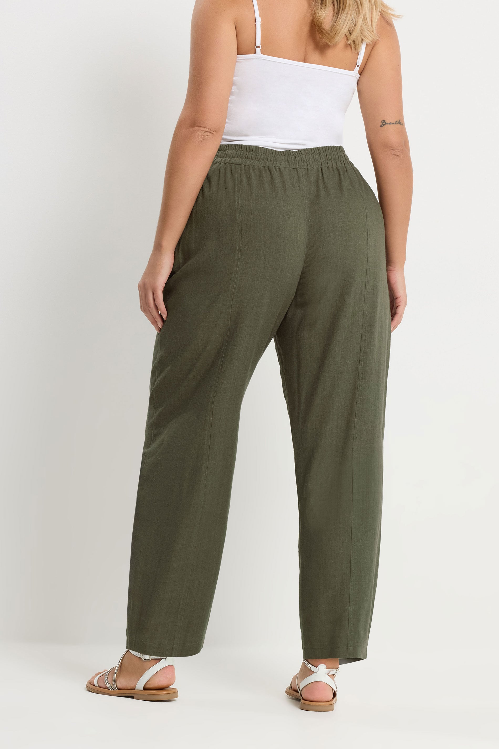 YOURS Plus Size Olive Green Barrel Leg Linen Trousers | Yours Clothing 4