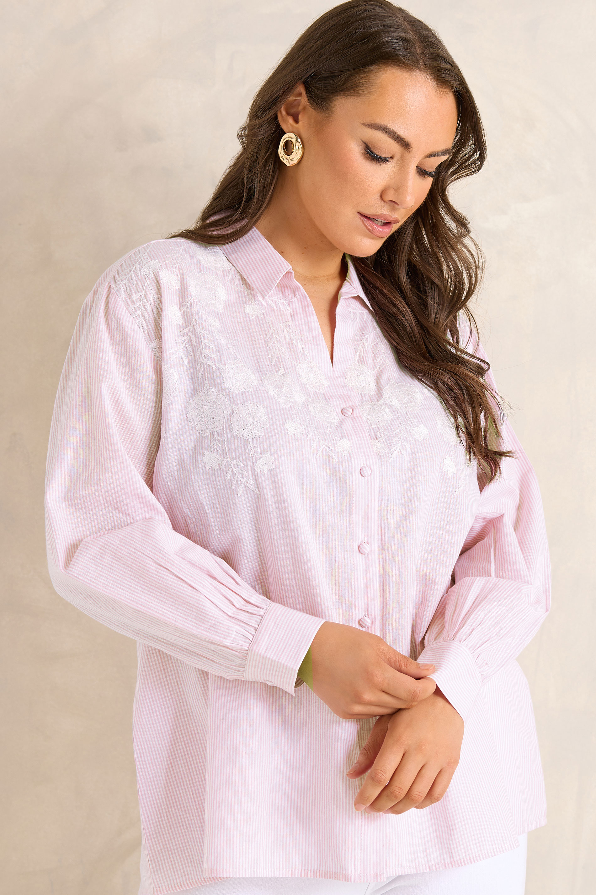 EVANS Curve Pink Stripe Embroidered Cotton Shirt | Evans 3