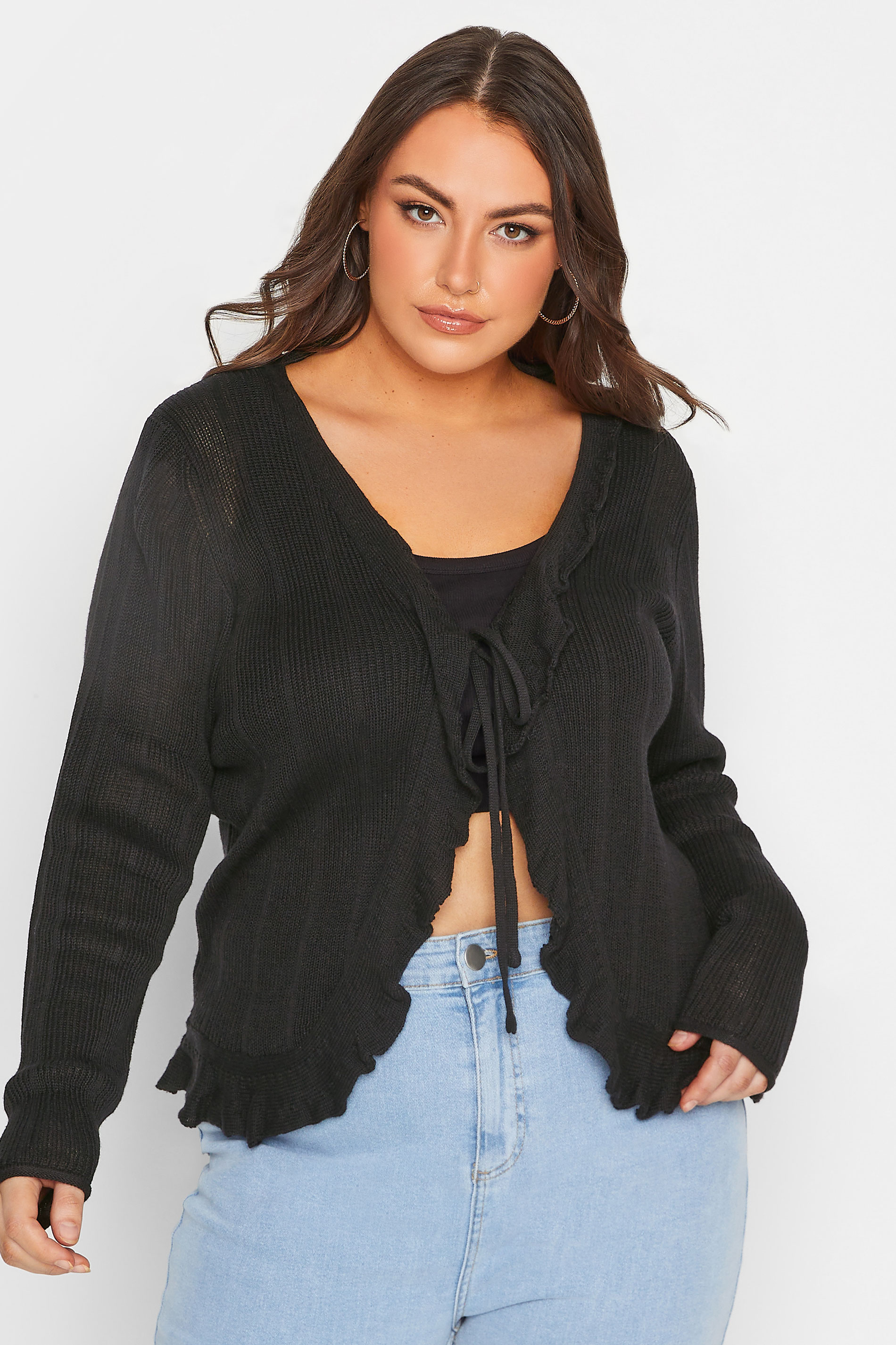 YOURS Plus Size Black Frill Tie Cardigan | Yours Clothing 1