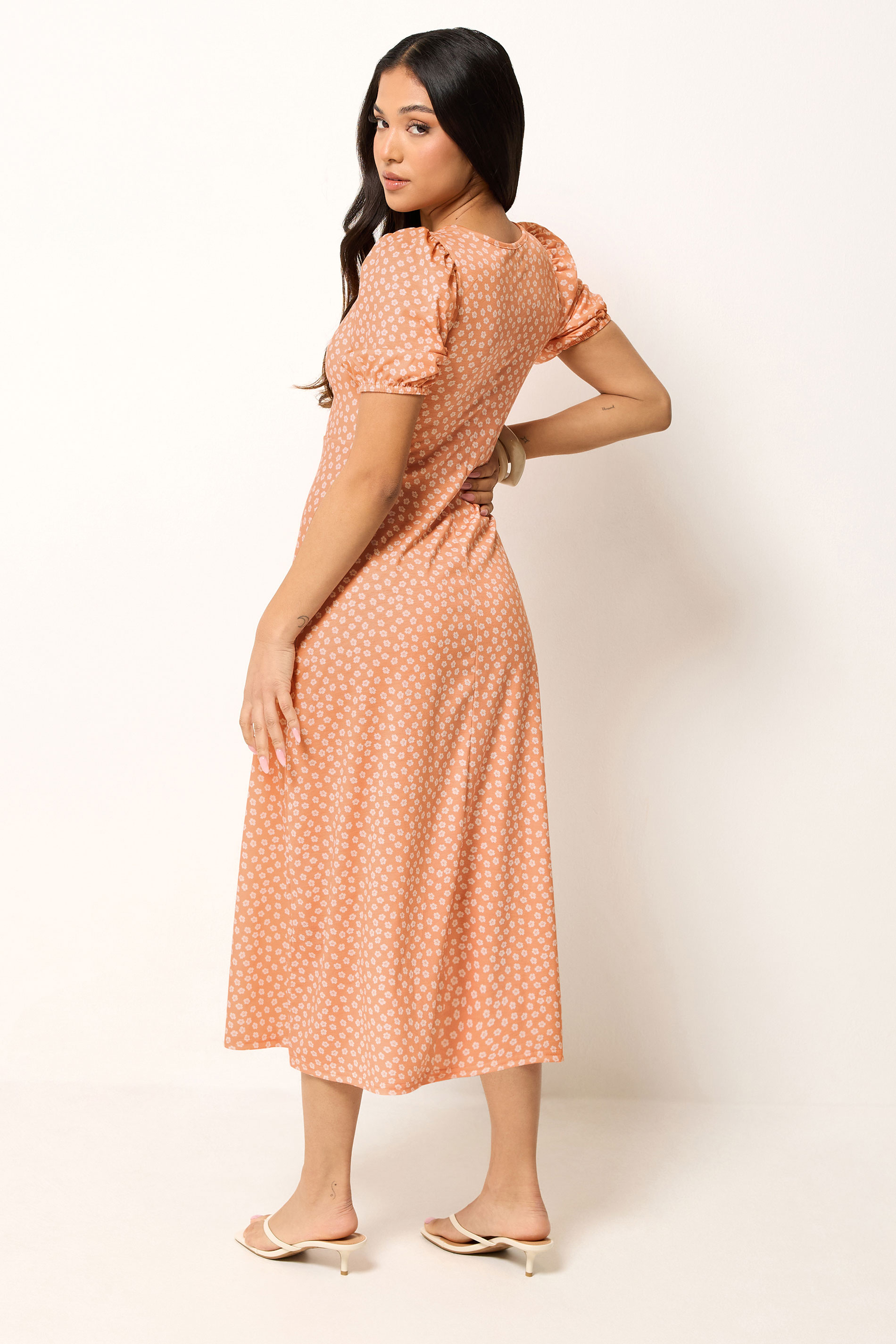 PixieGirl Petite Women's Orange Floral Ruched Midi Dress | PixieGirl 2