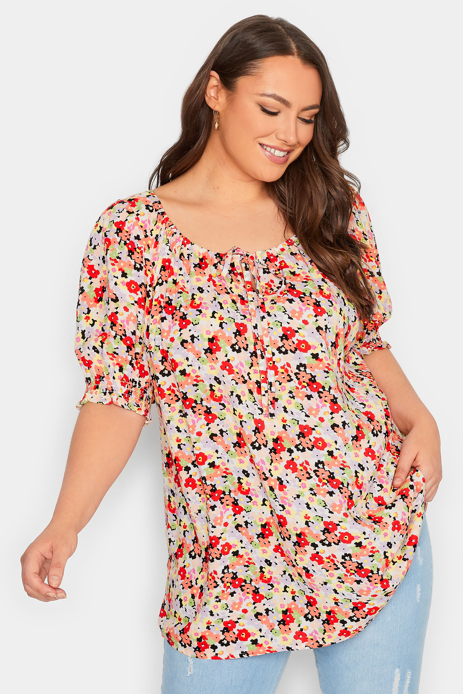 YOURS Curve Plus Size White & Red Floral Gypsy Top | Yours Clothing  1