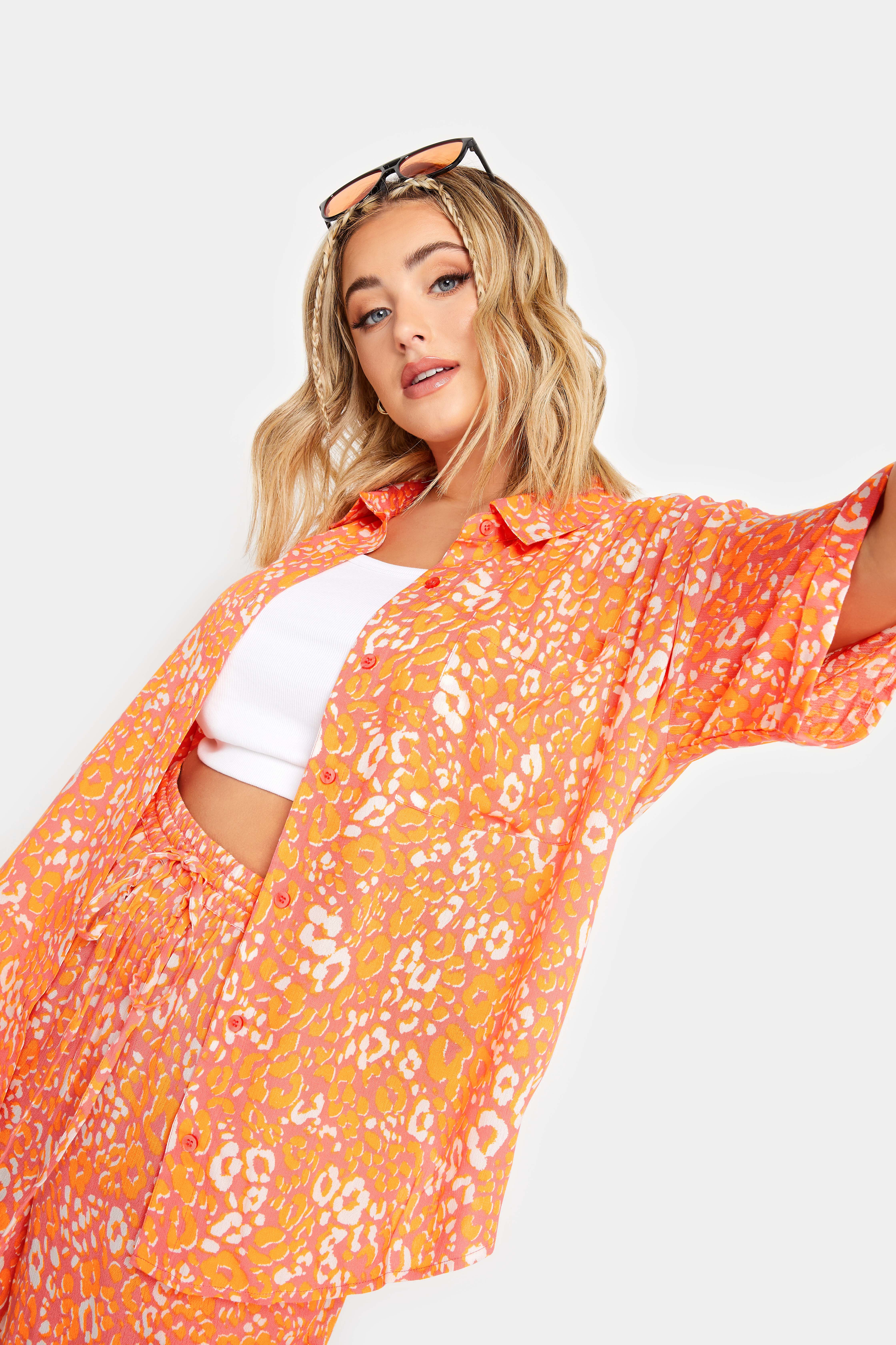 LIMITED COLLECTION Plus Size Orange Leopard Print Crinkle Shirt | Yours Clothing 1