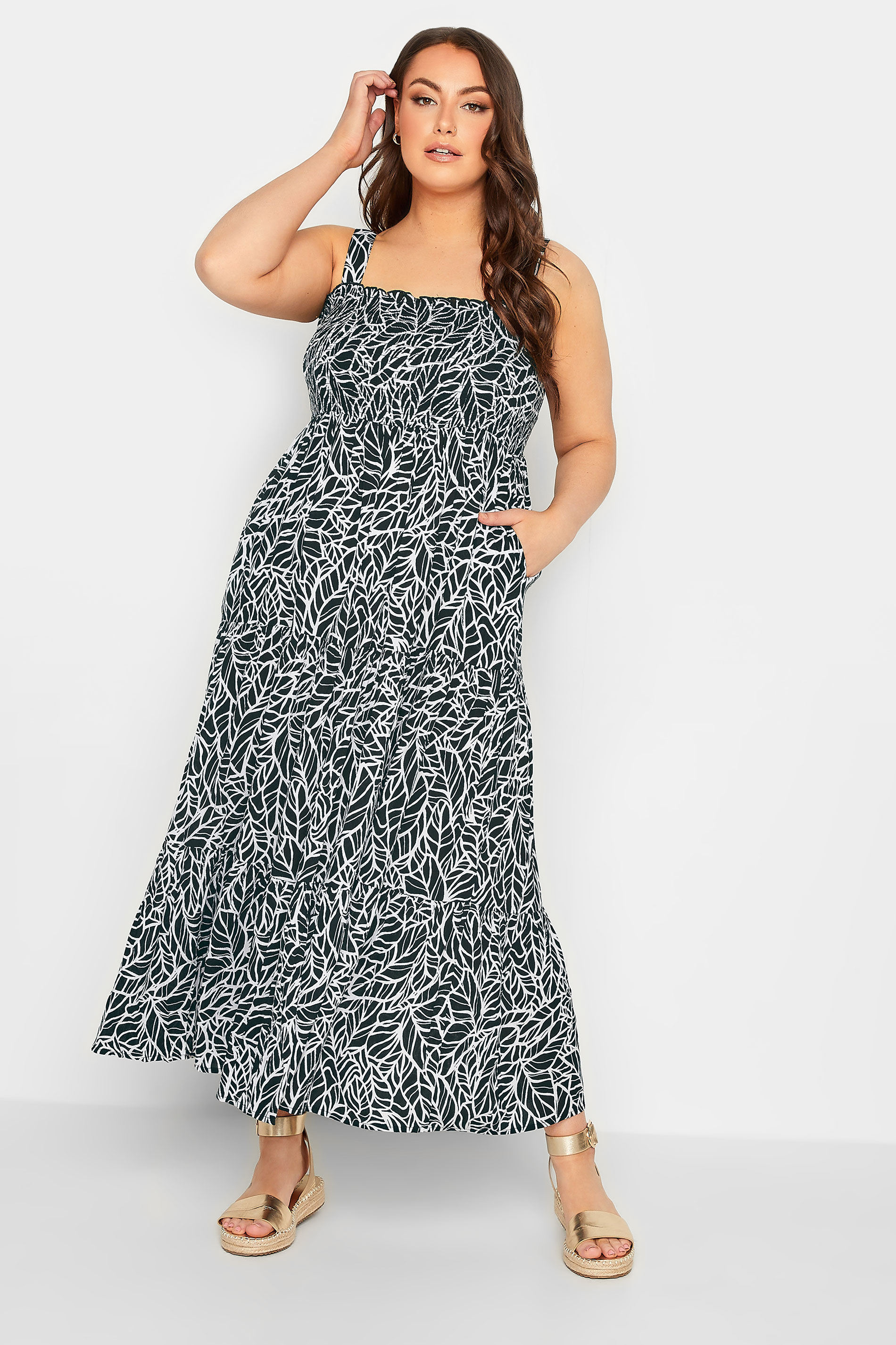YOURS Plus Size Black Leaf Print Shirred Maxi Dress | Yours Clothing 2