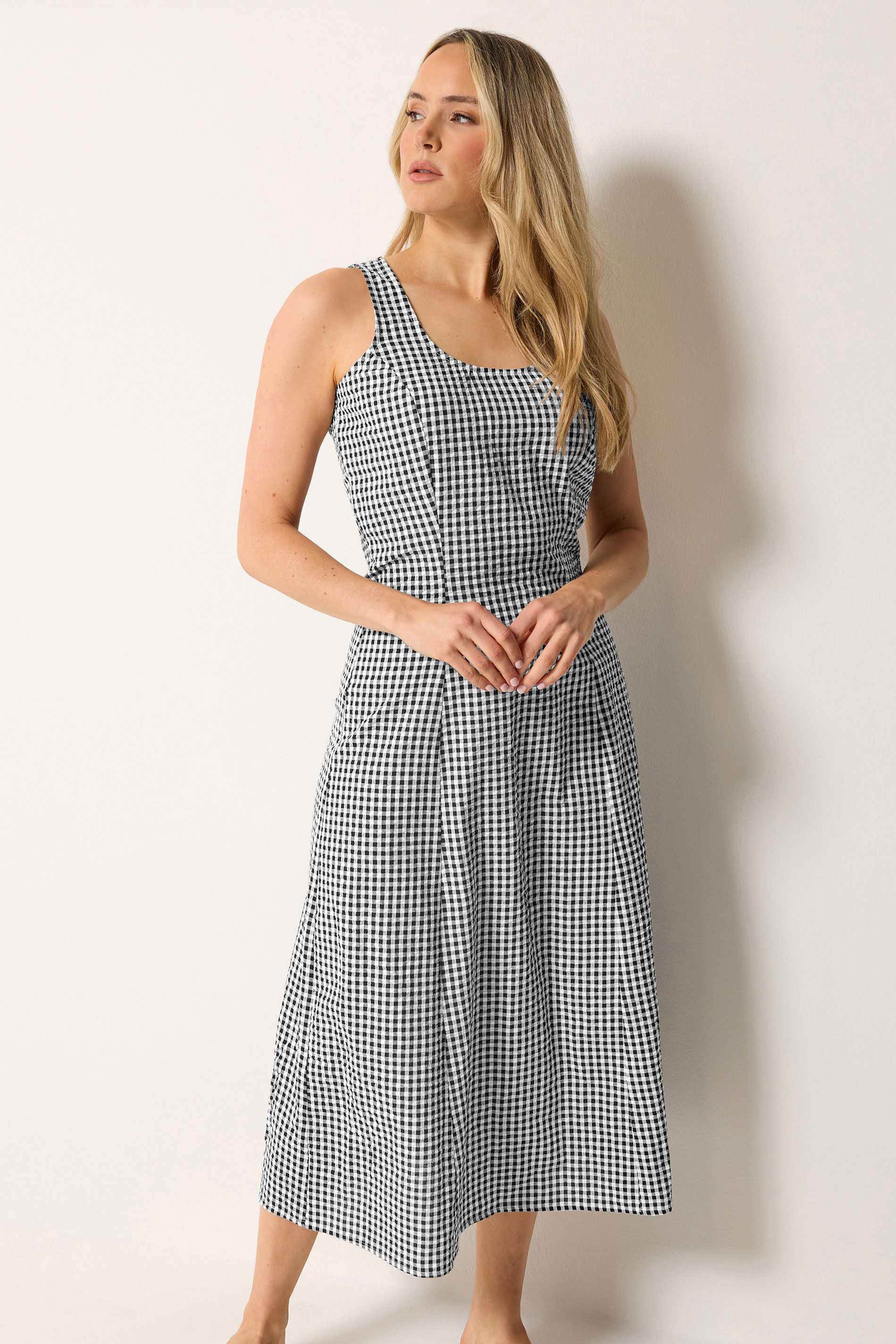 LTS Tall Women's Black Gingham Cotton Midi Dress | Long Tall Sally 1