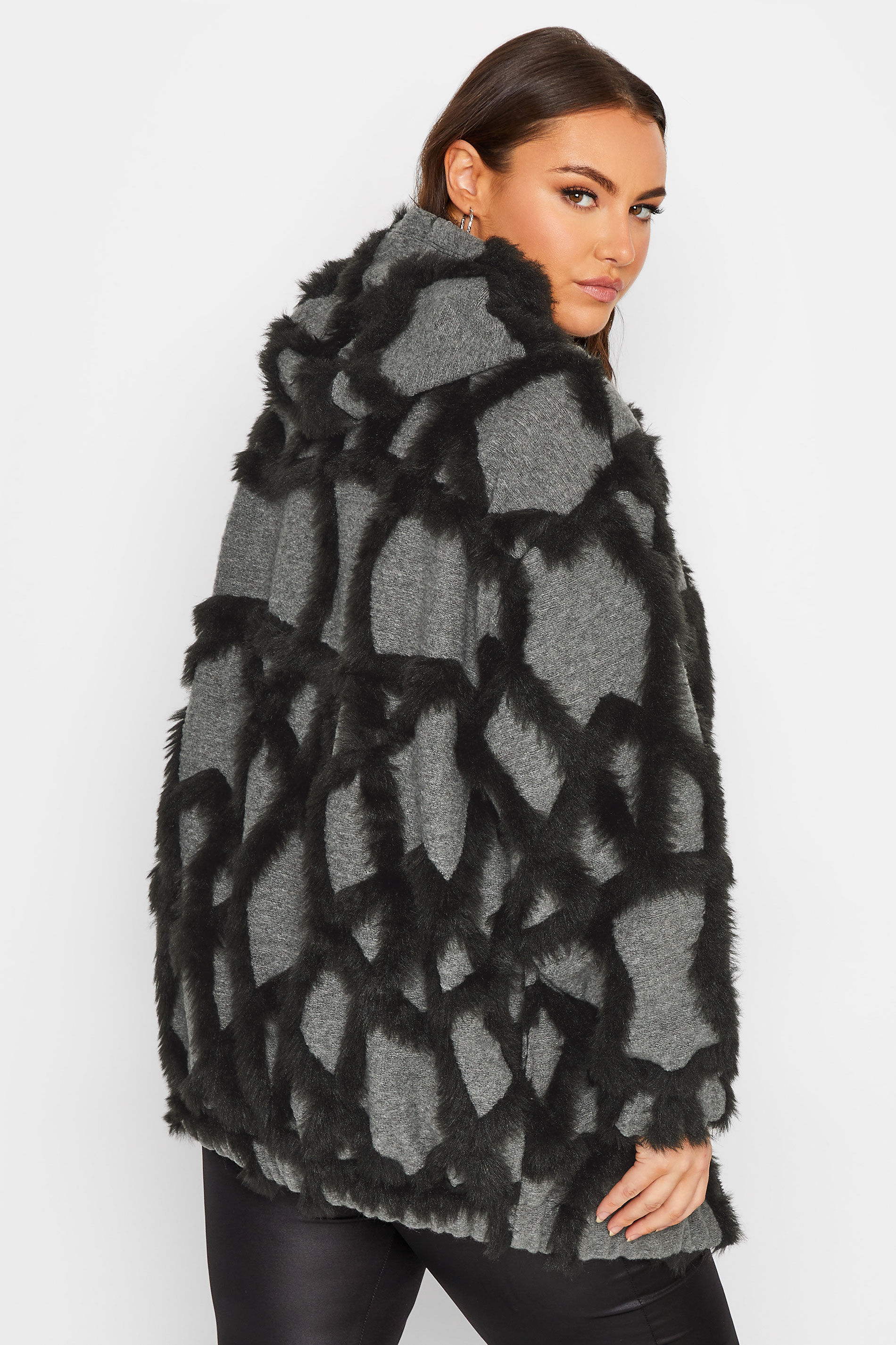 YOURS LUXURY Plus Size Grey Faux Fur Stripe Hooded Jacket | Yours Clothing 3