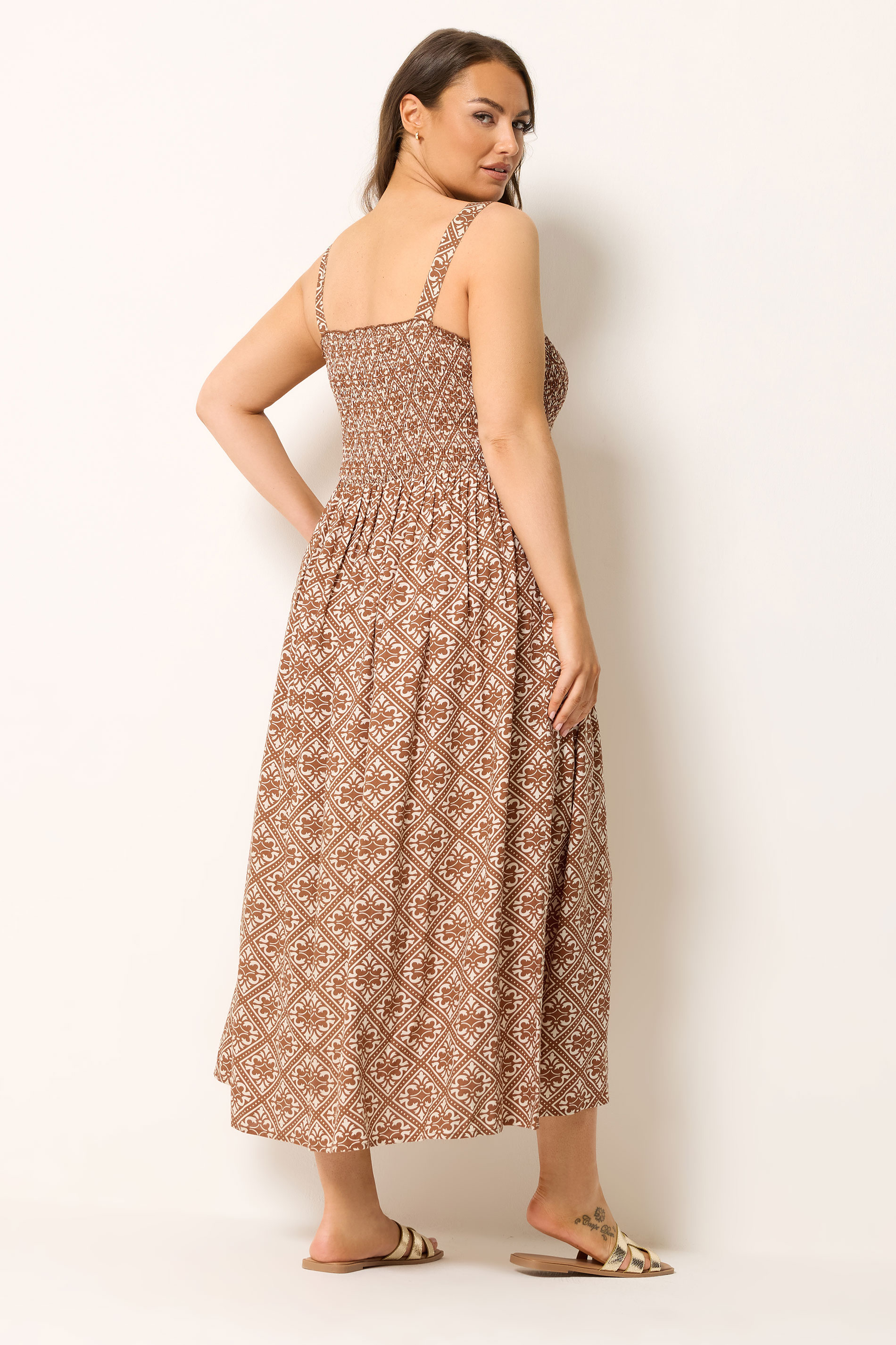 YOURS Plus Size Brown Geometric Shirred Sundress | Yours Clothing 2