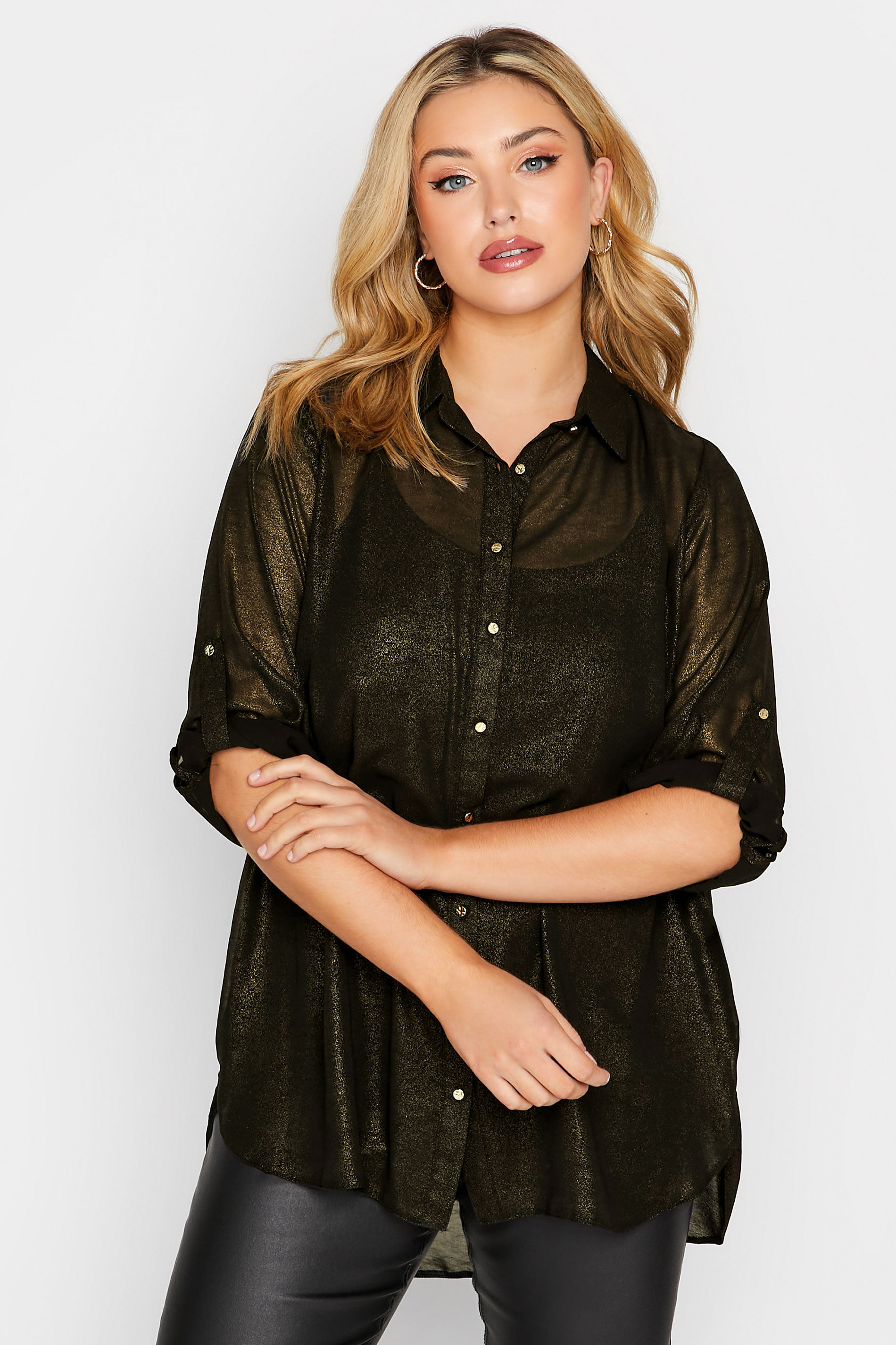 Plus Size Black & Gold Shimmer Button Through Shirt | Yours Clothing 1