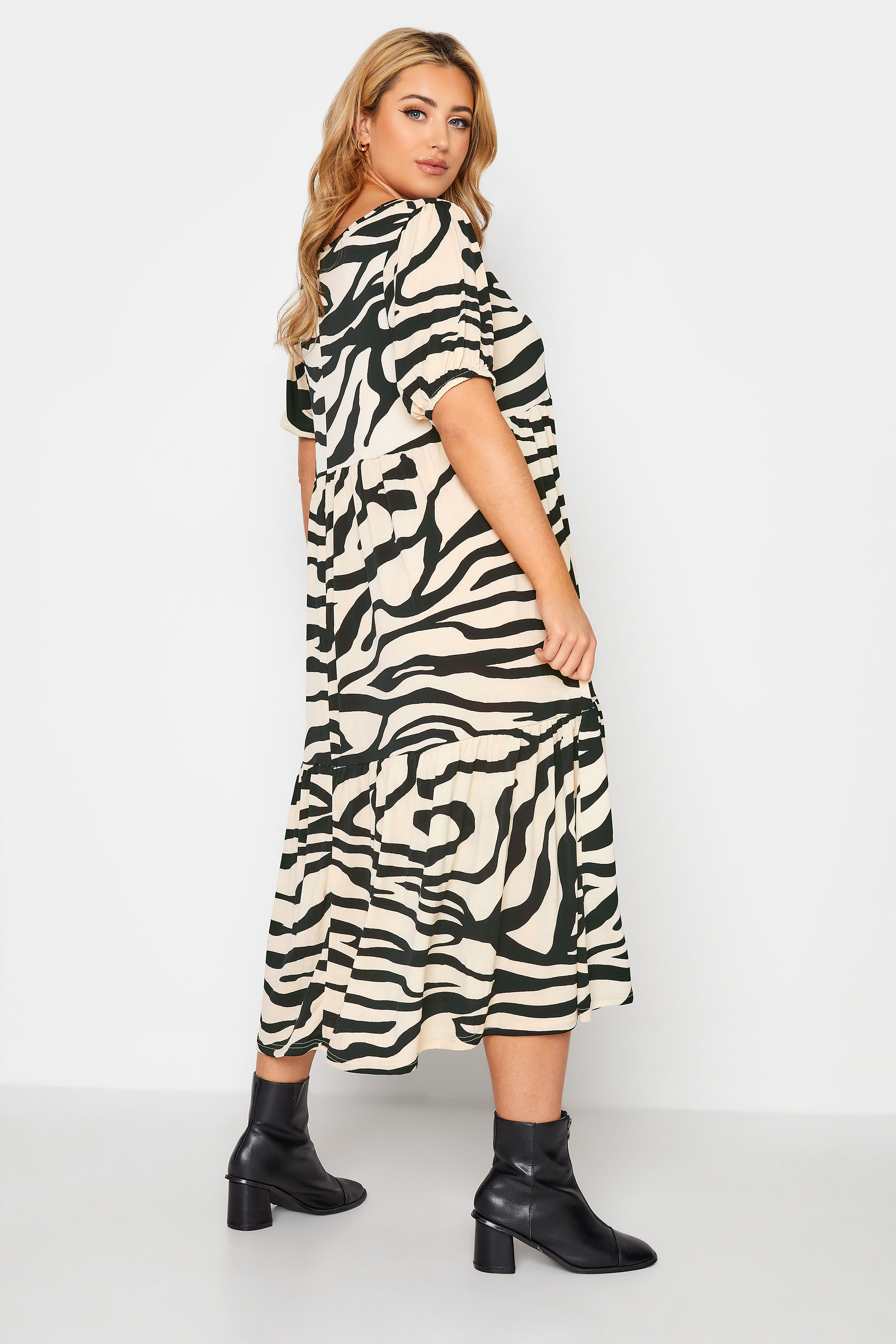 Plus Size Cream Zebra Print Puff Sleeve Smock Midaxi Dress | Yours Clothing 3