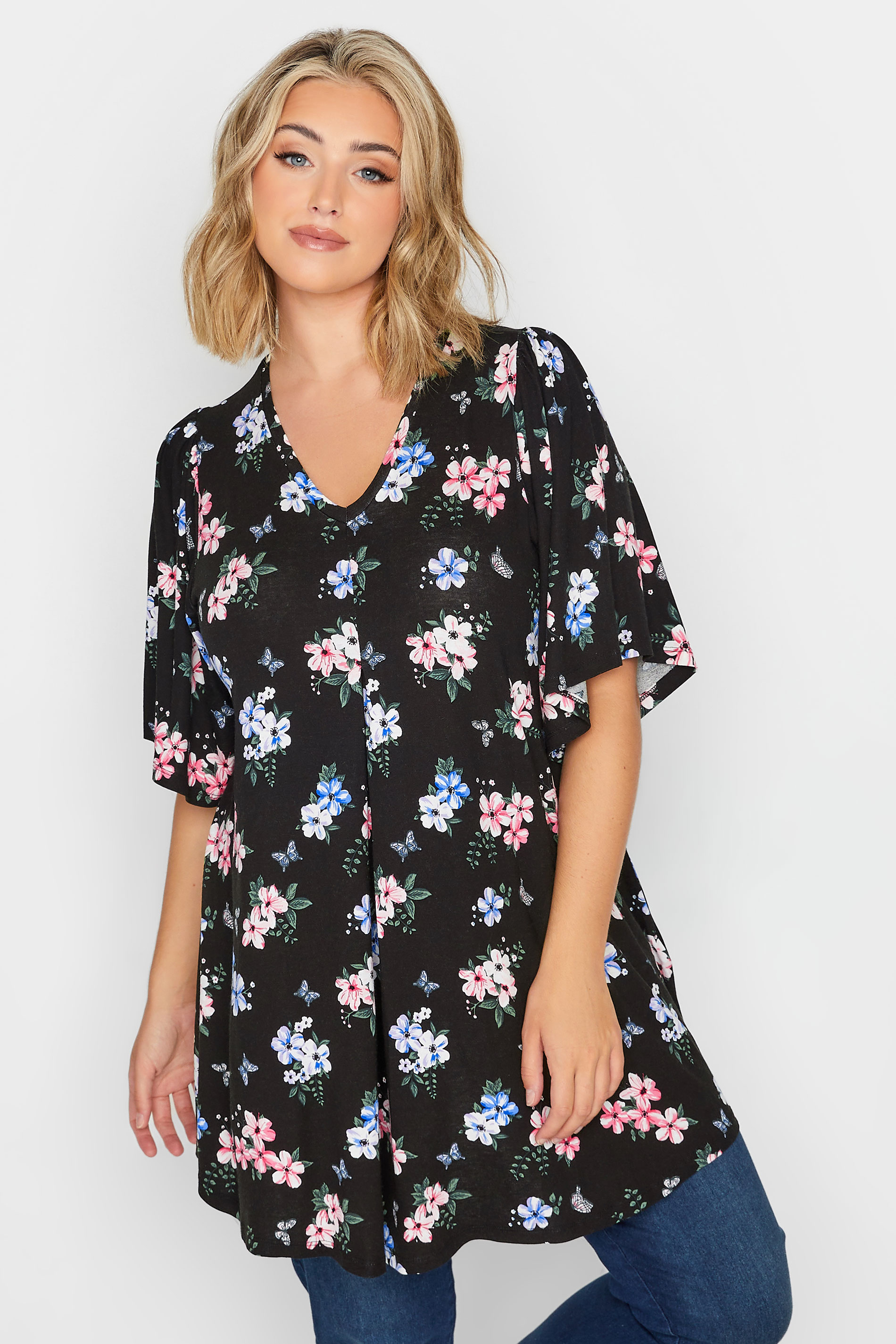 YOURS Curve Plus Size Black Floral Angel Sleeve Top | Yours Clothing  1