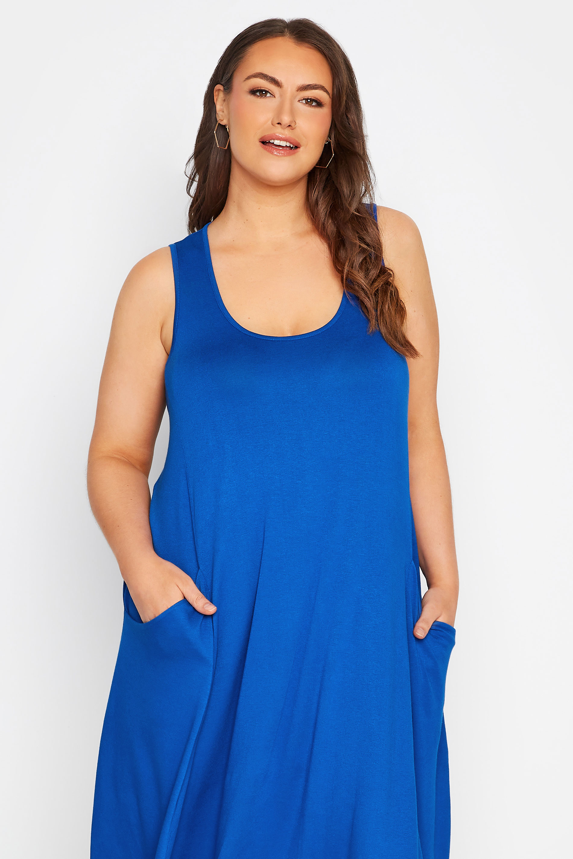 Robes Grande Taille Grande taille  Robes Casual | Robe Bleue Roi sans Manches Midi en Jersey à Poches - JR85688