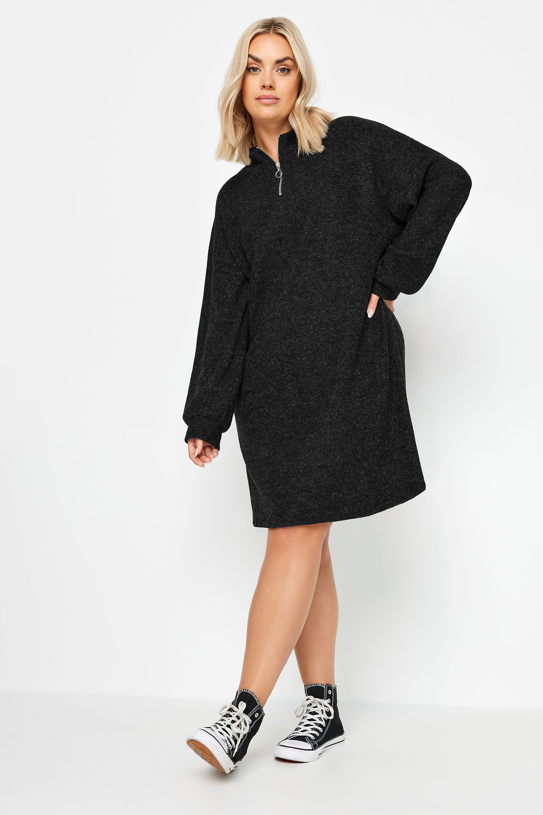 YOURS Plus Size Charcoal Grey Soft Touch Zip Neck Jumper Dress | Yours Clothing 2