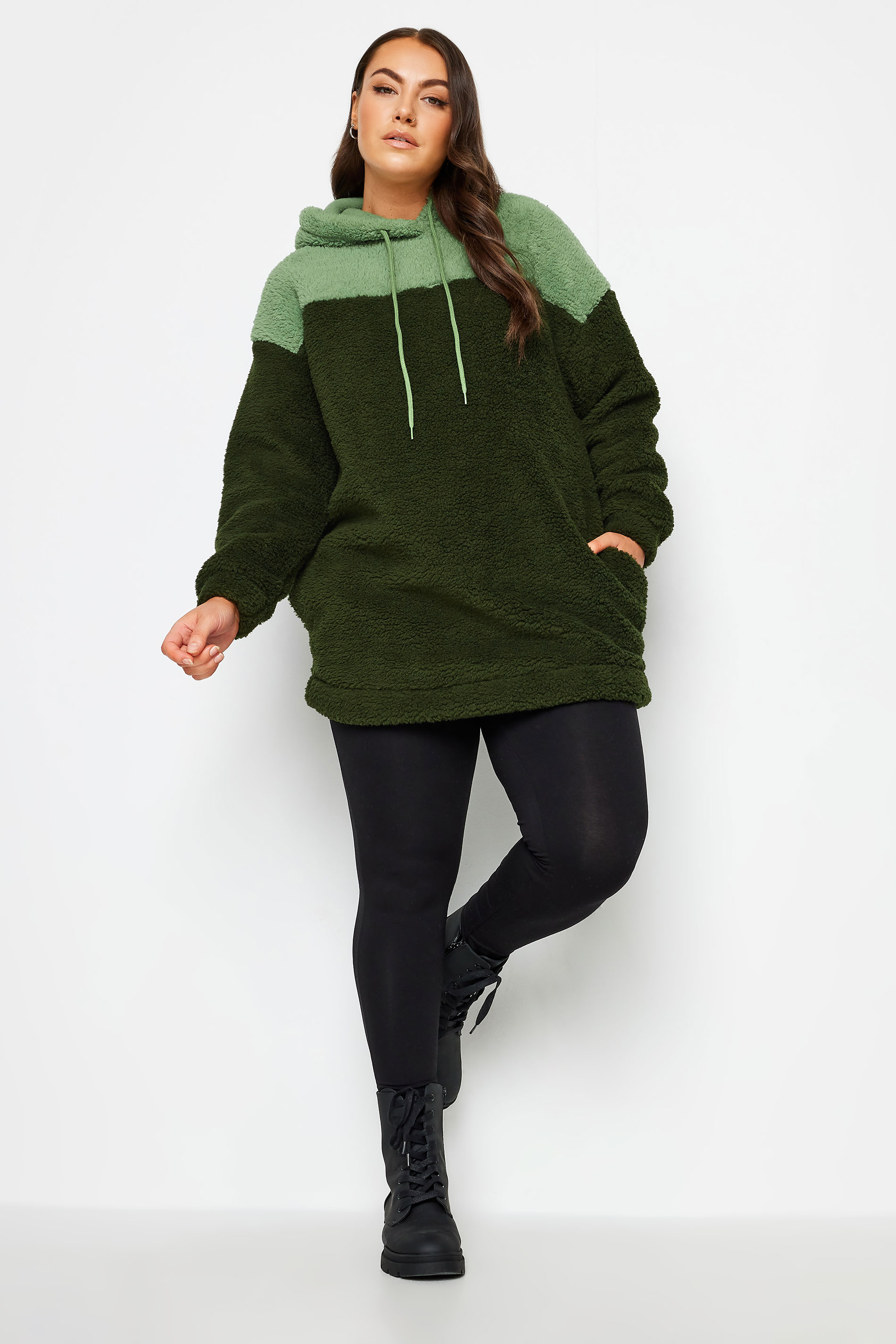YOURS Plus Size Green Colour Block Teddy Hoodie | Yours Clothing 2