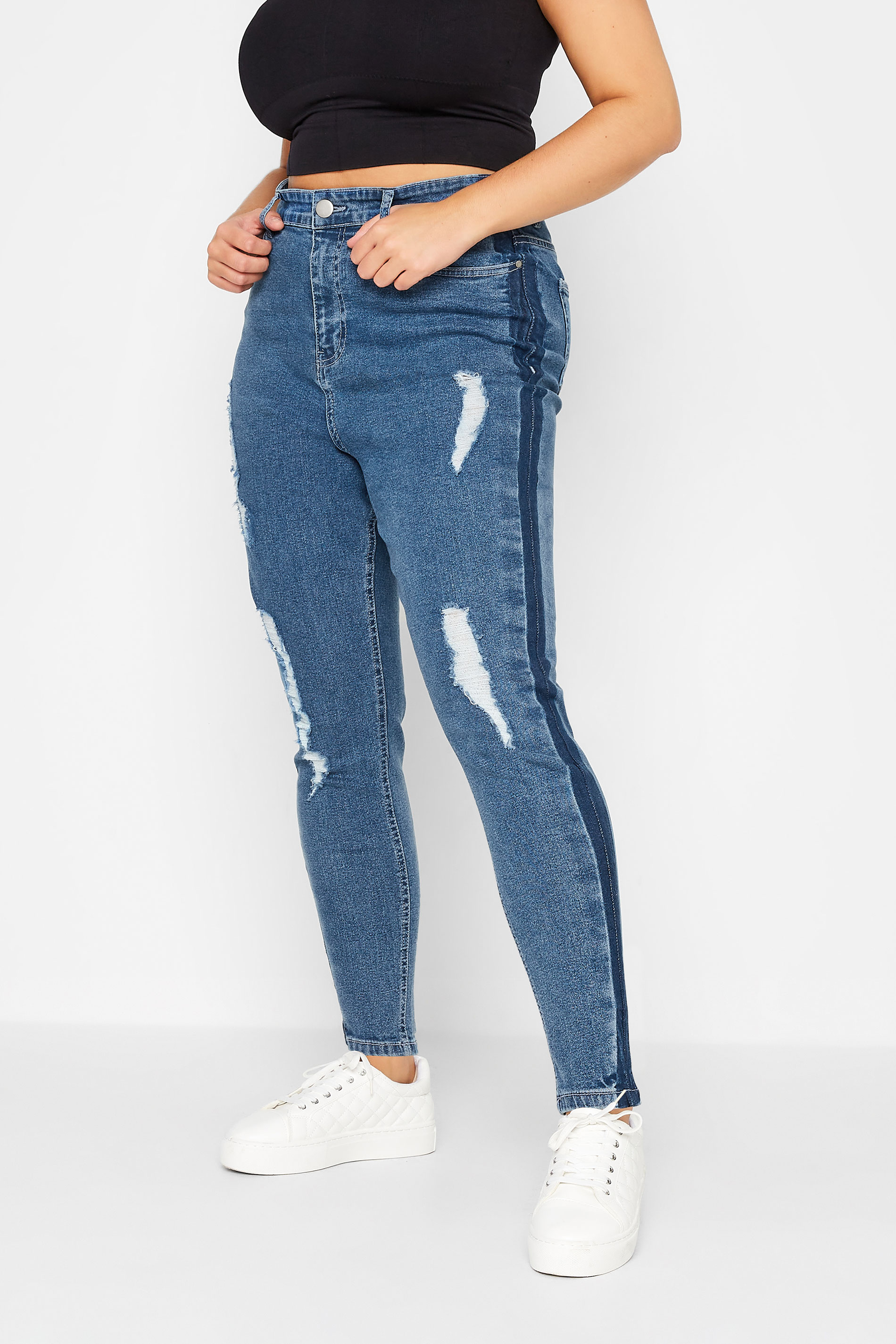 Curve Mid Blue Contrast Side Ripped Skinny AVA Jeans 1