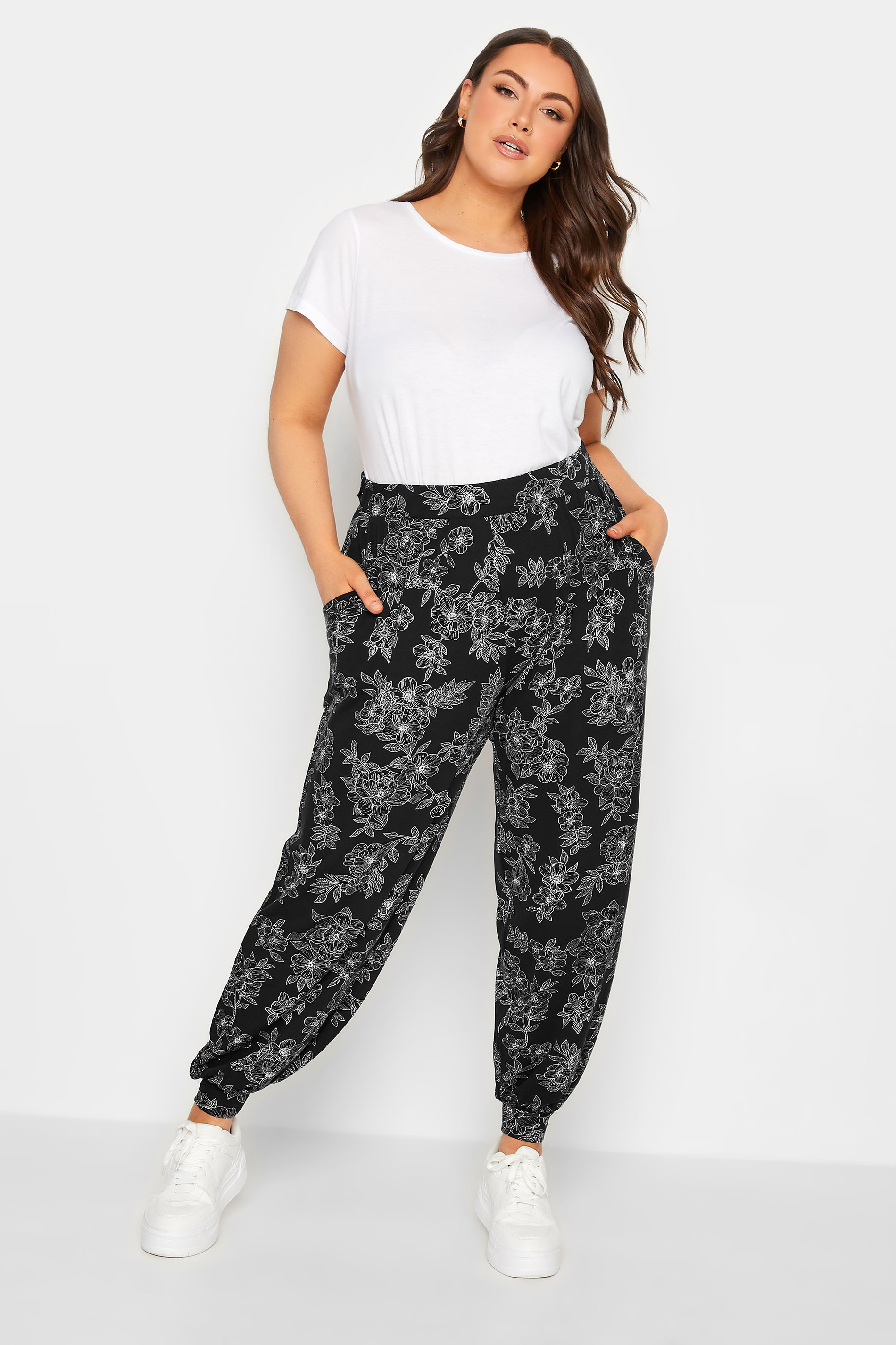 YOURS Plus Size Curve Black Cuffed Floral Harem Joggers | Yours Clothing 2