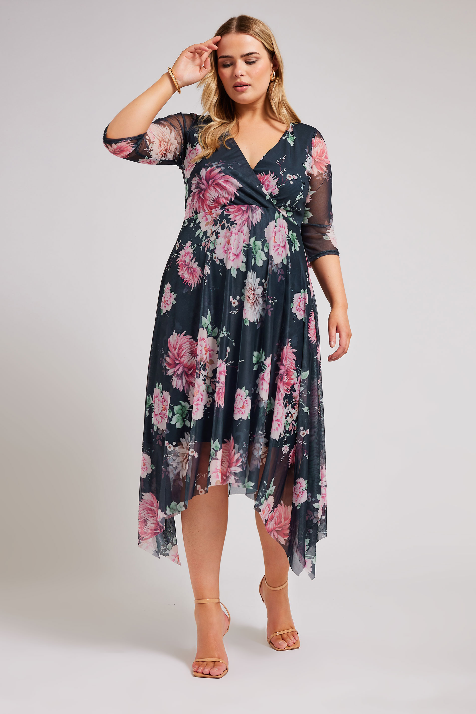 YOURS LONDON Plus Size Black Floral Print Wrap Midi Dress | Yours Clothing 2