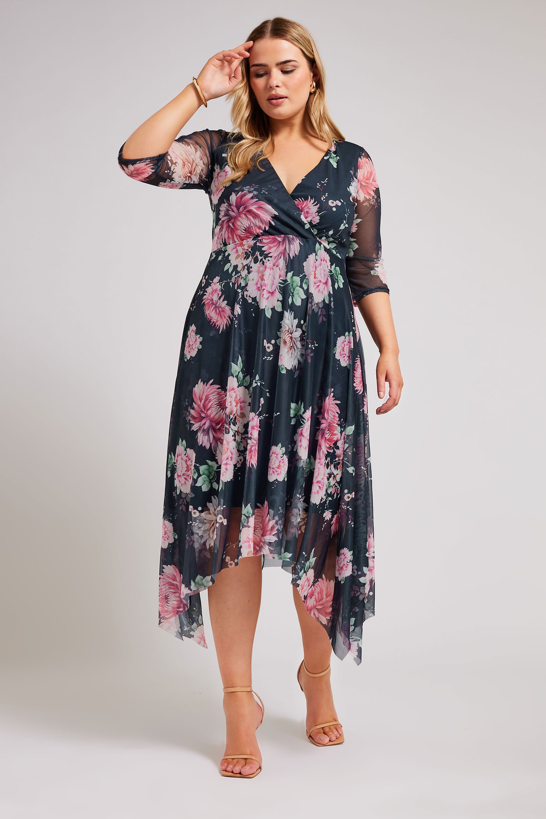 YOURS LONDON Plus Size Black Floral Print Wrap Midi Dress | Yours Clothing