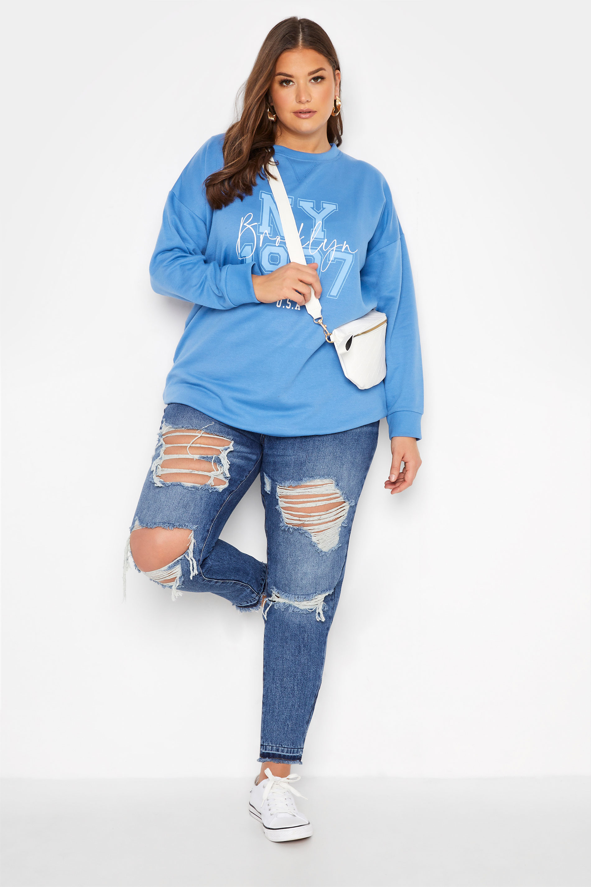 Grande taille  Pulls à Capuche, Sweatshirts & Polaires Grande taille  Sweatshirts | Sweatshirt Bleu Slogan 'Brooklyn New York' - RK55578