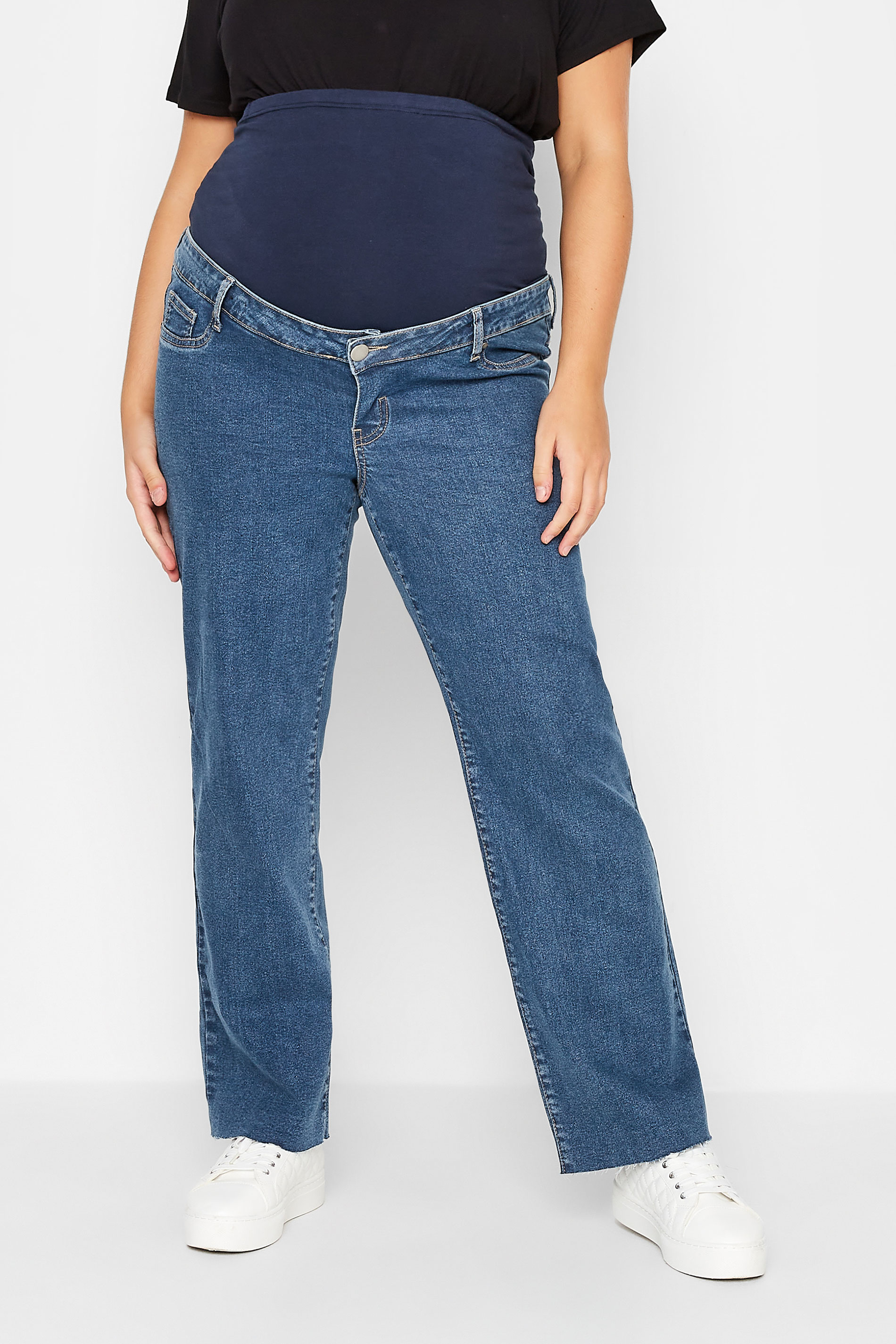 BUMP IT UP MATERNITY Plus Size Mid Blue Wide Leg Jeans | Yours Clothing 1