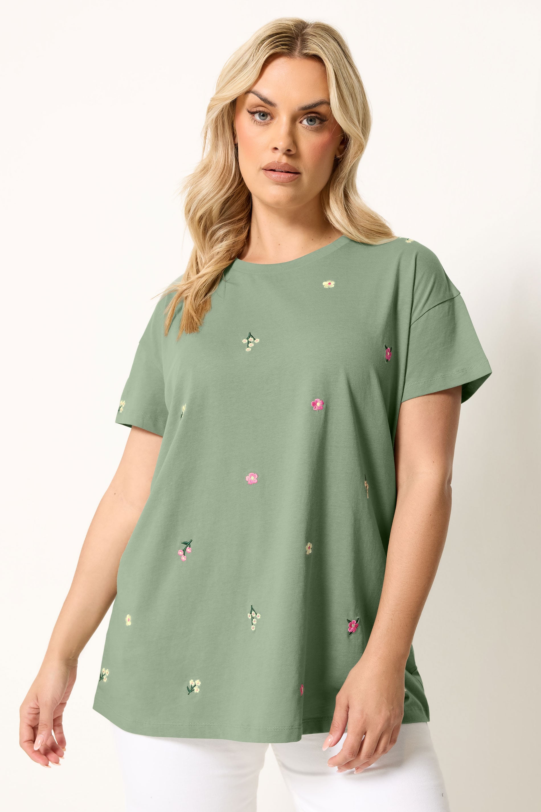 YOURS Plus Size Green Embroidered Flower T-Shirt | Yours Clothing 3