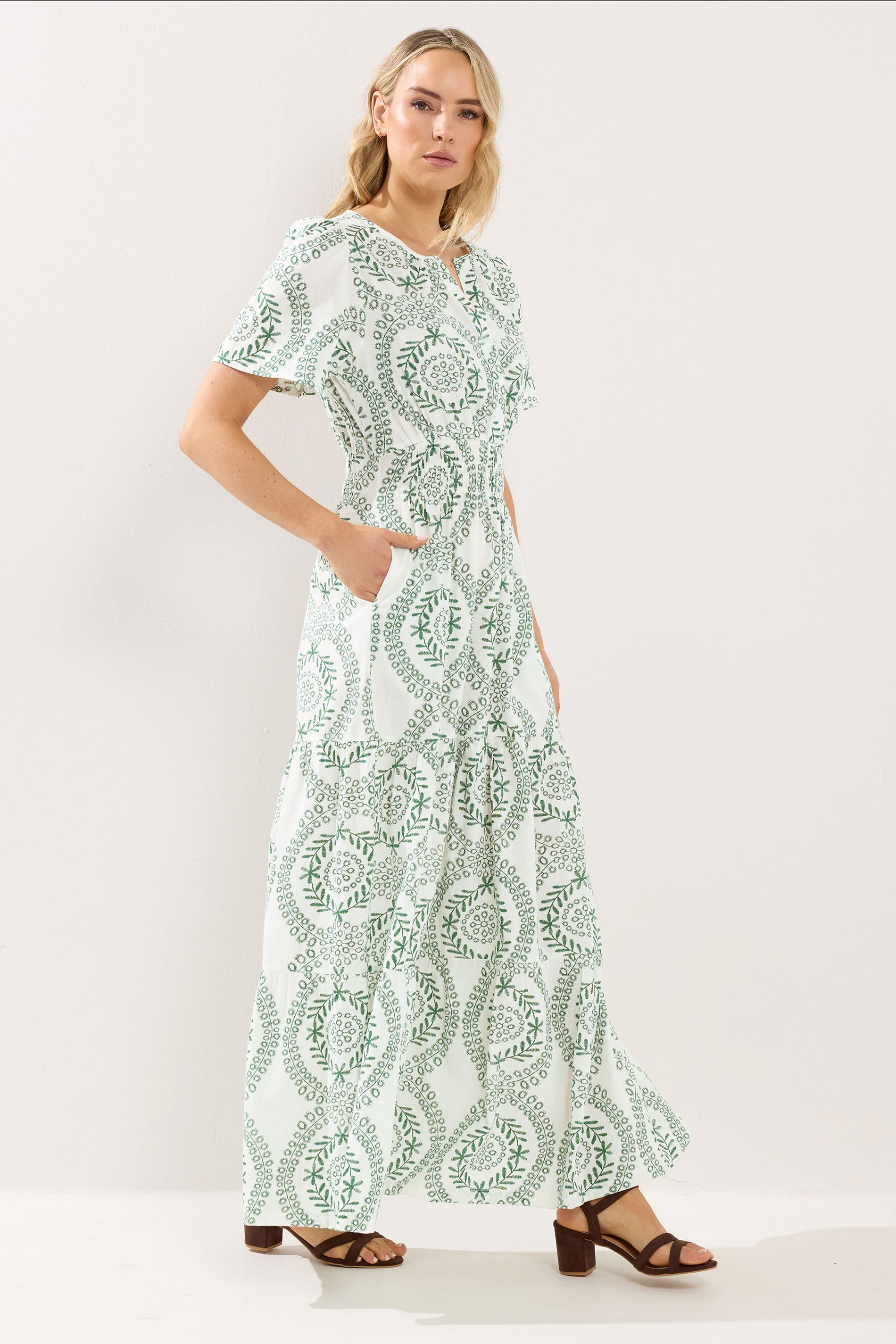 LTS Tall Women's Green & White Leaf Print Linen Maxi Dress | Long Tall Sally 1