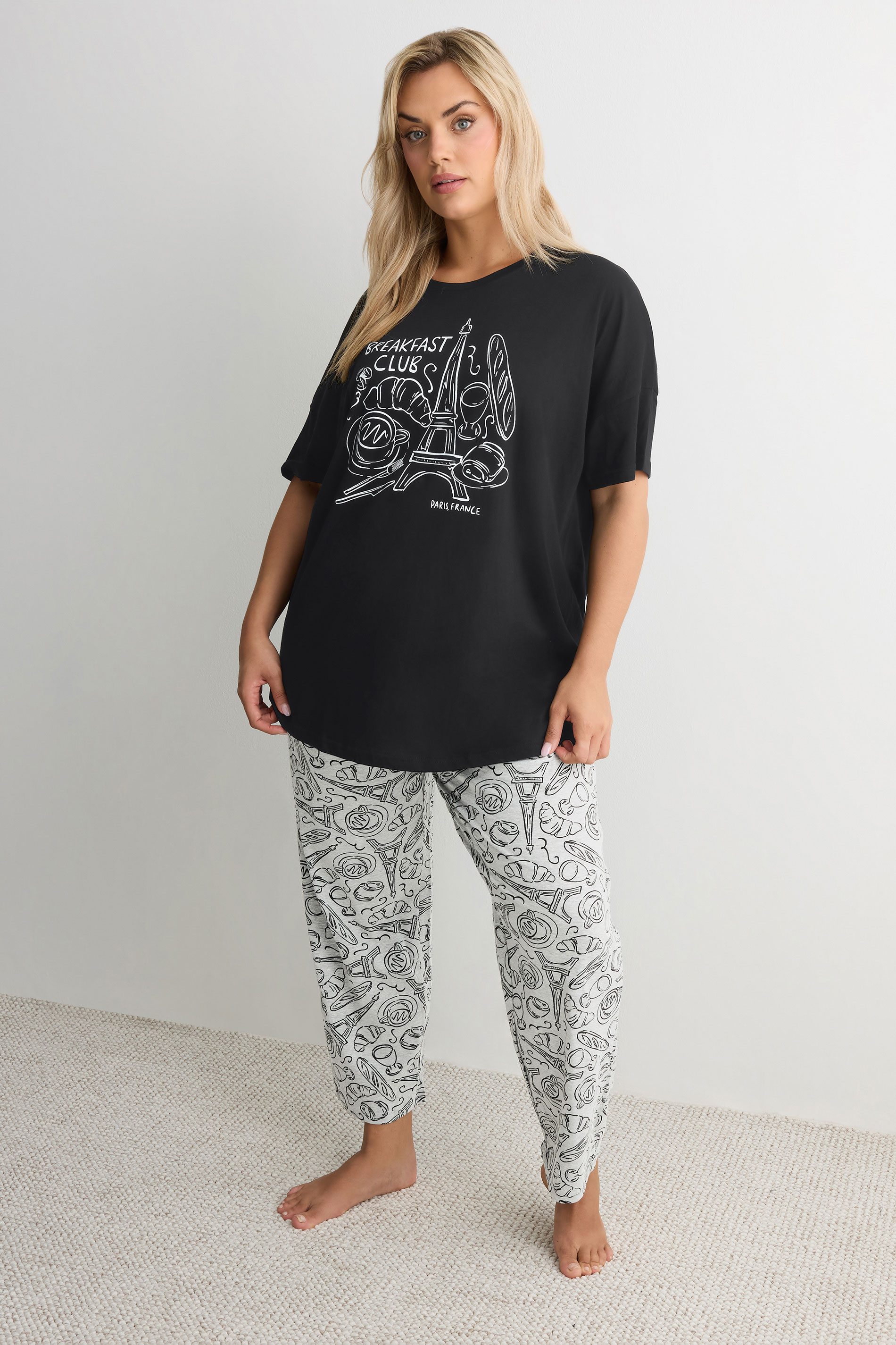 YOURS Plus Size Black 'Breakfast Club' Wide Leg Pyjama Set | Yours Clothing 1