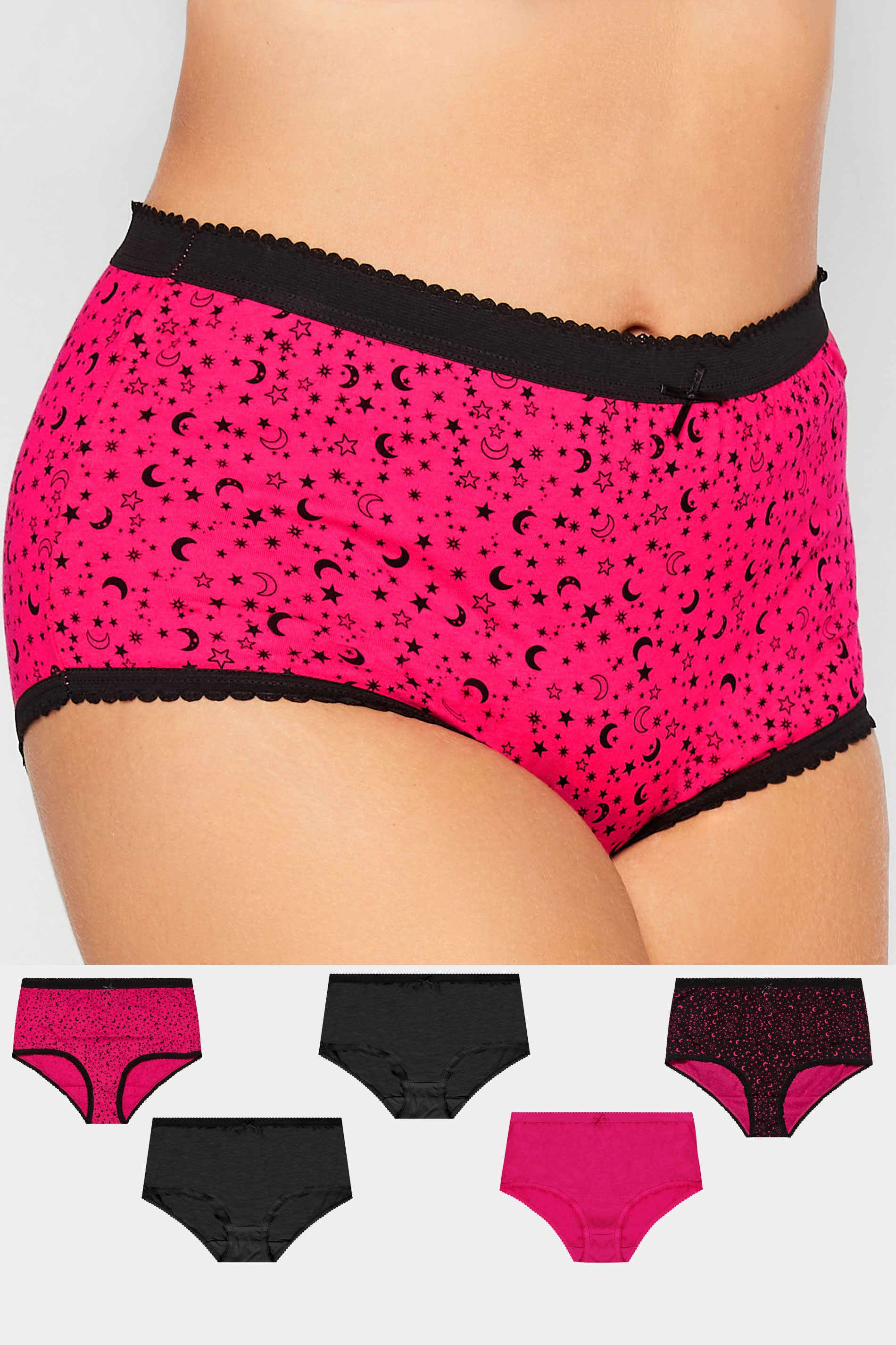 5 PACK Plus Size Pink Star & Moon Print High Waisted Full Briefs | Yours Clothing 1