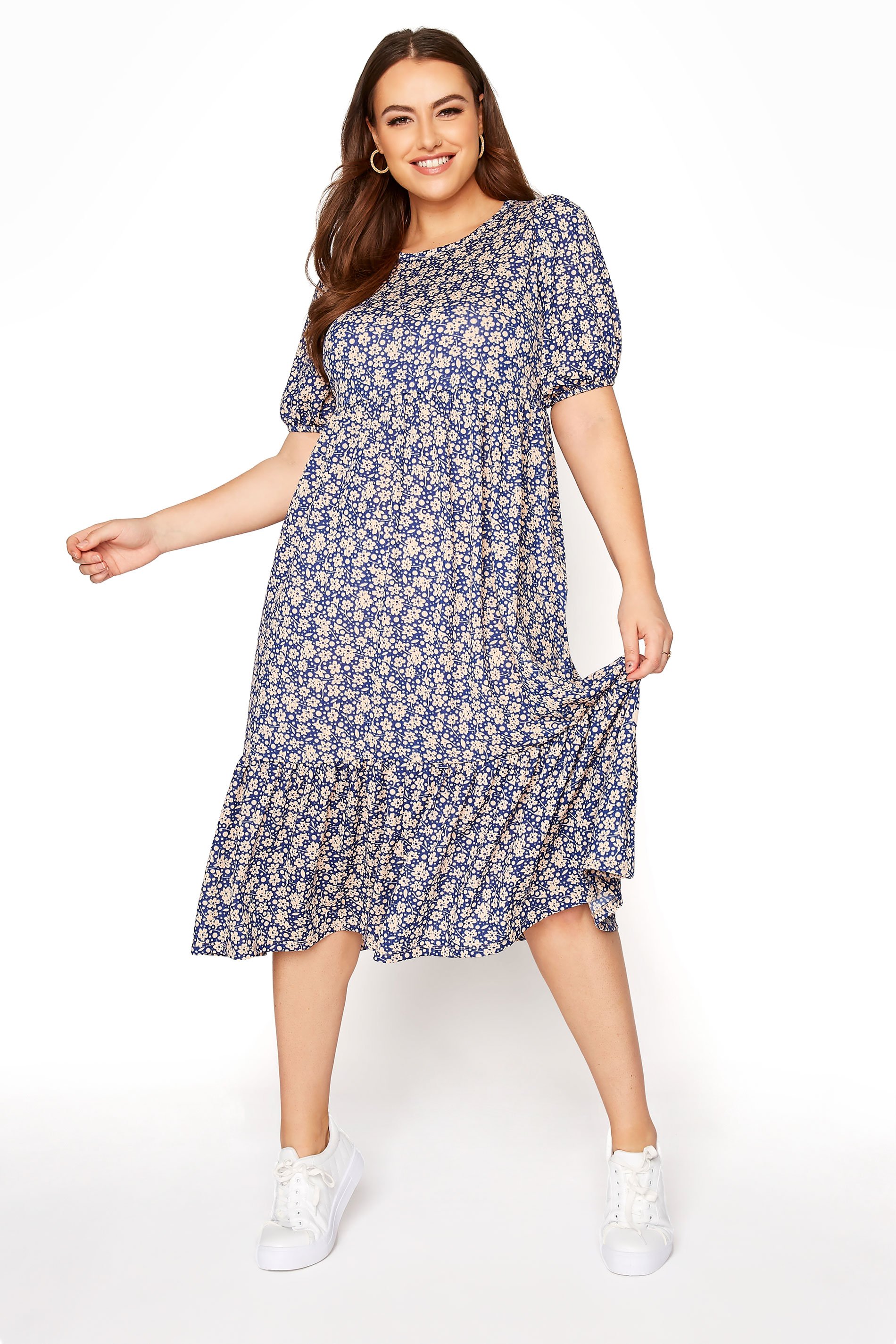 Plus Size Blue Ditsy Puff Sleeve Midi Smock Dress | Yours Clothing