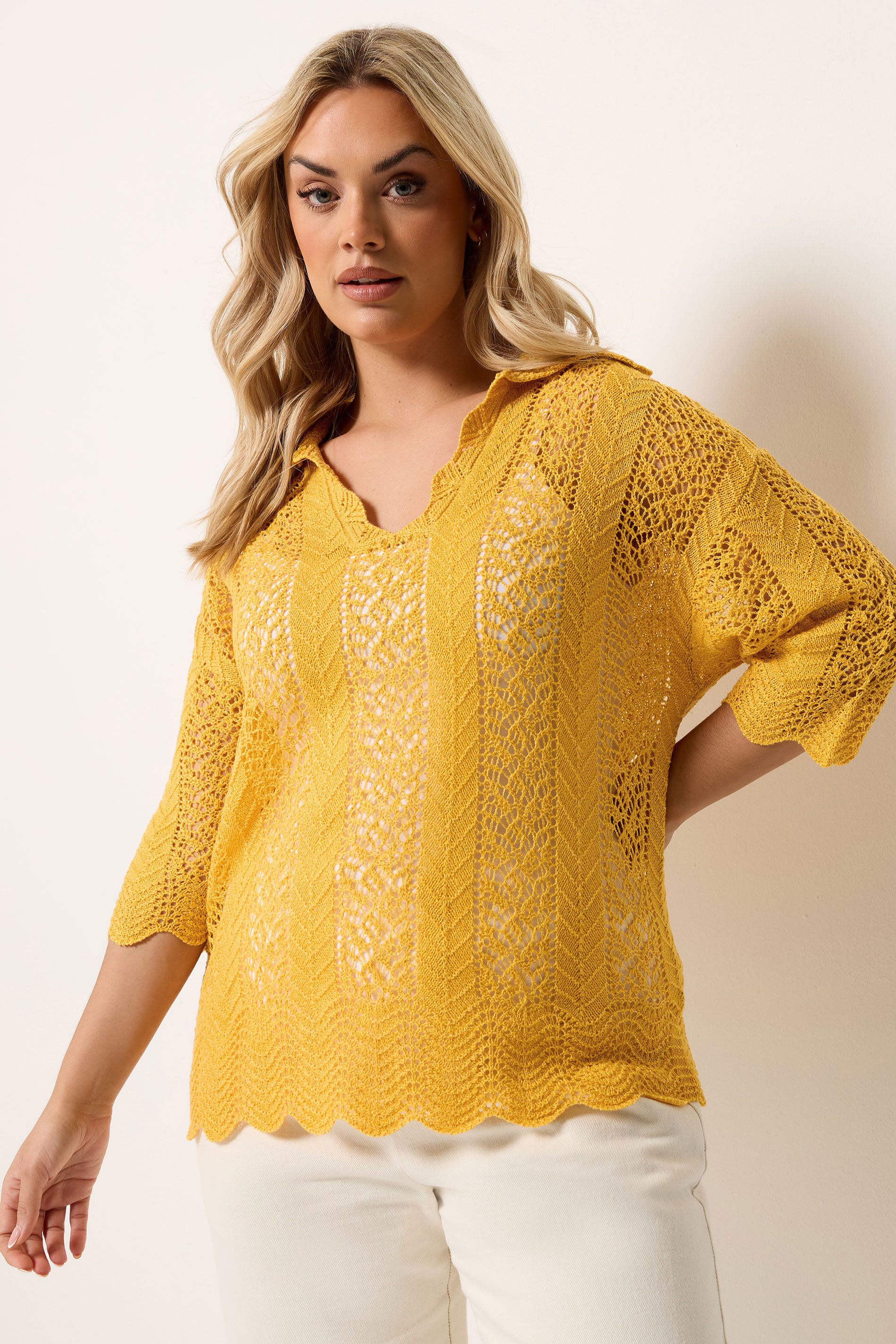 YOURS Plus Size Mustard Yellow Pointelle Knitted T-Shirt | Yours Clothing 3