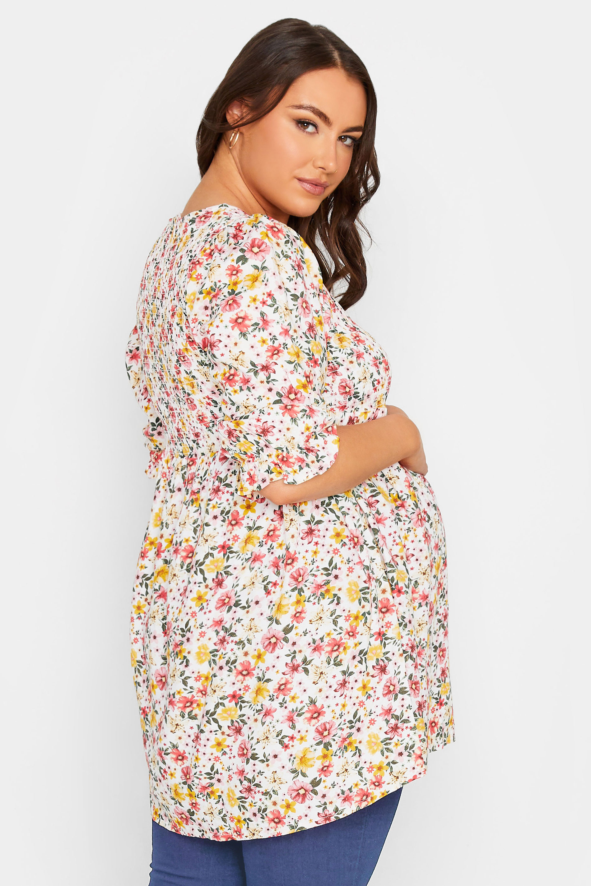 BUMP IT UP MATERNITY Plus Size White Floral Shirred Top | Yours Clothing 3