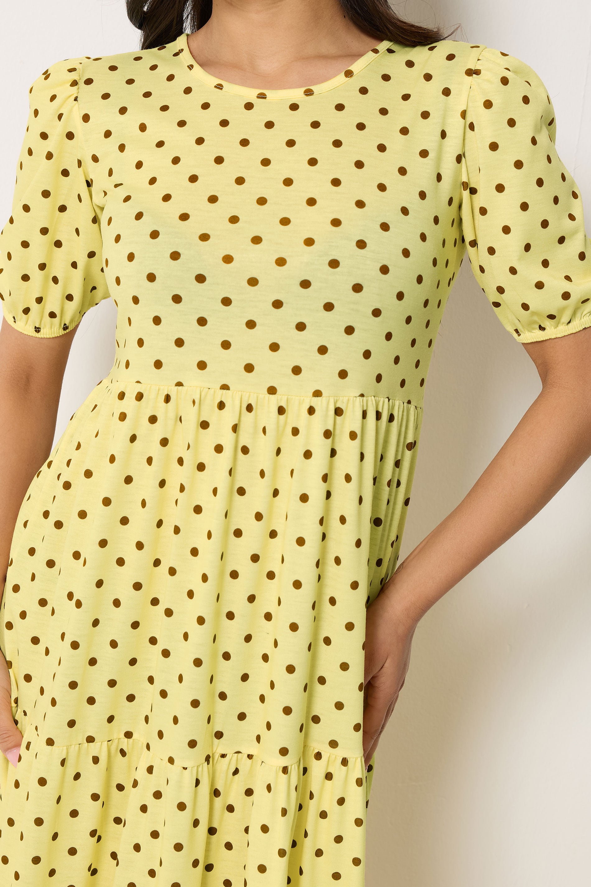 PixieGirl Petite Women's Yellow Polka Dot Tiered Maxi Dress | PixieGirl 4