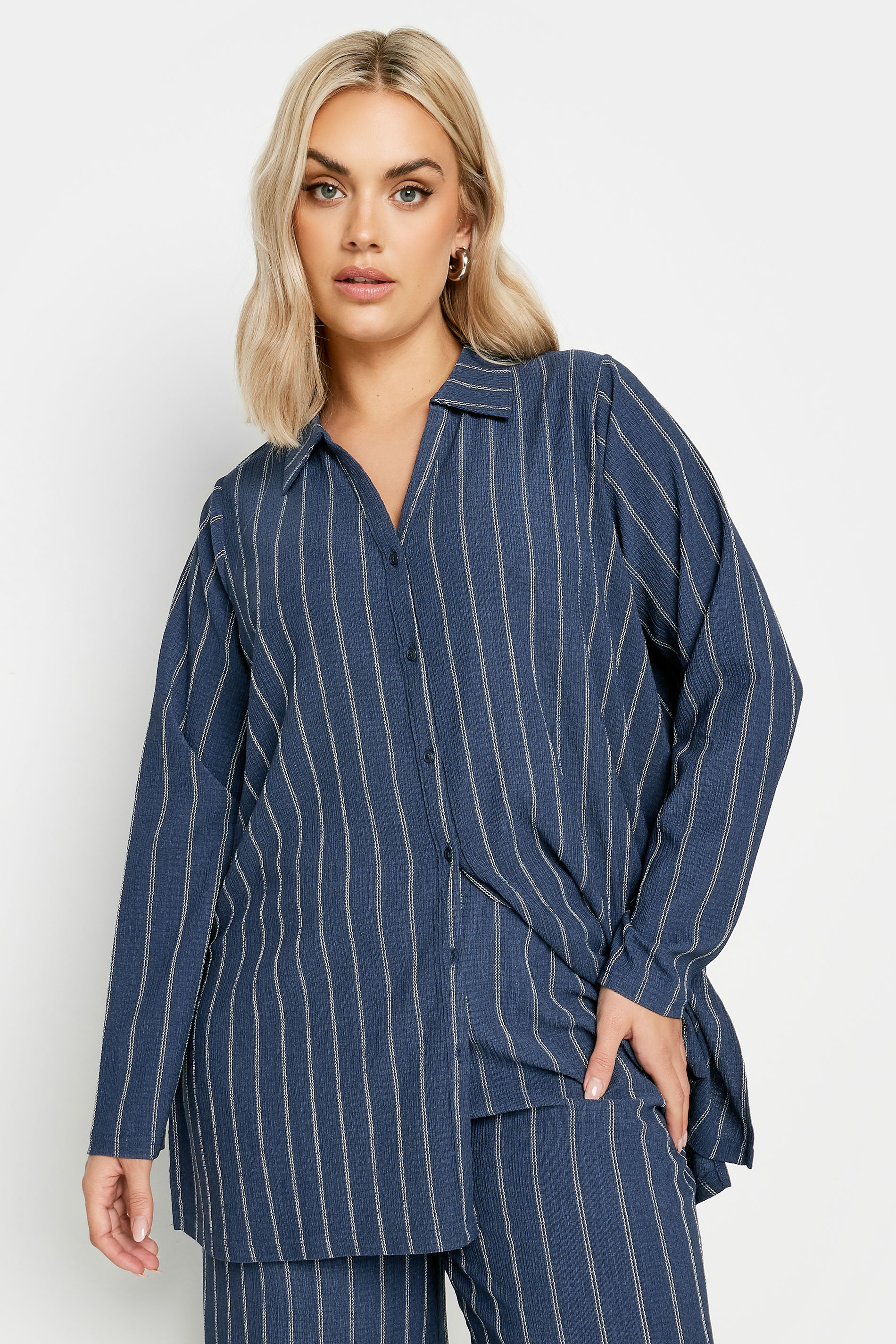 YOURS Plus Size Navy Blue Textured Pinstripe Shirt | Yours Clothing 2