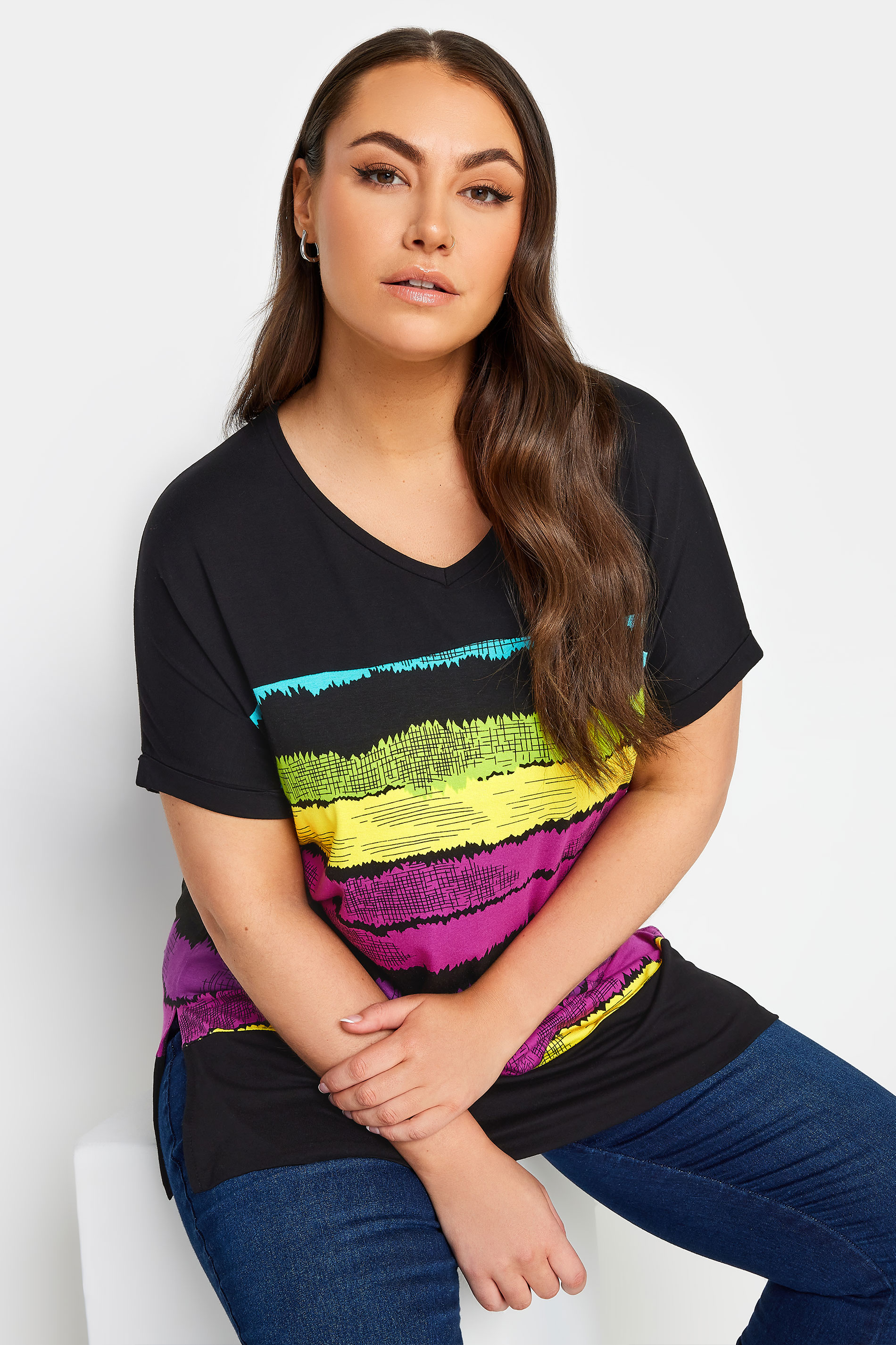 YOURS Plus Size Black Abstract Stripe Print Top | Yours Clothing 1