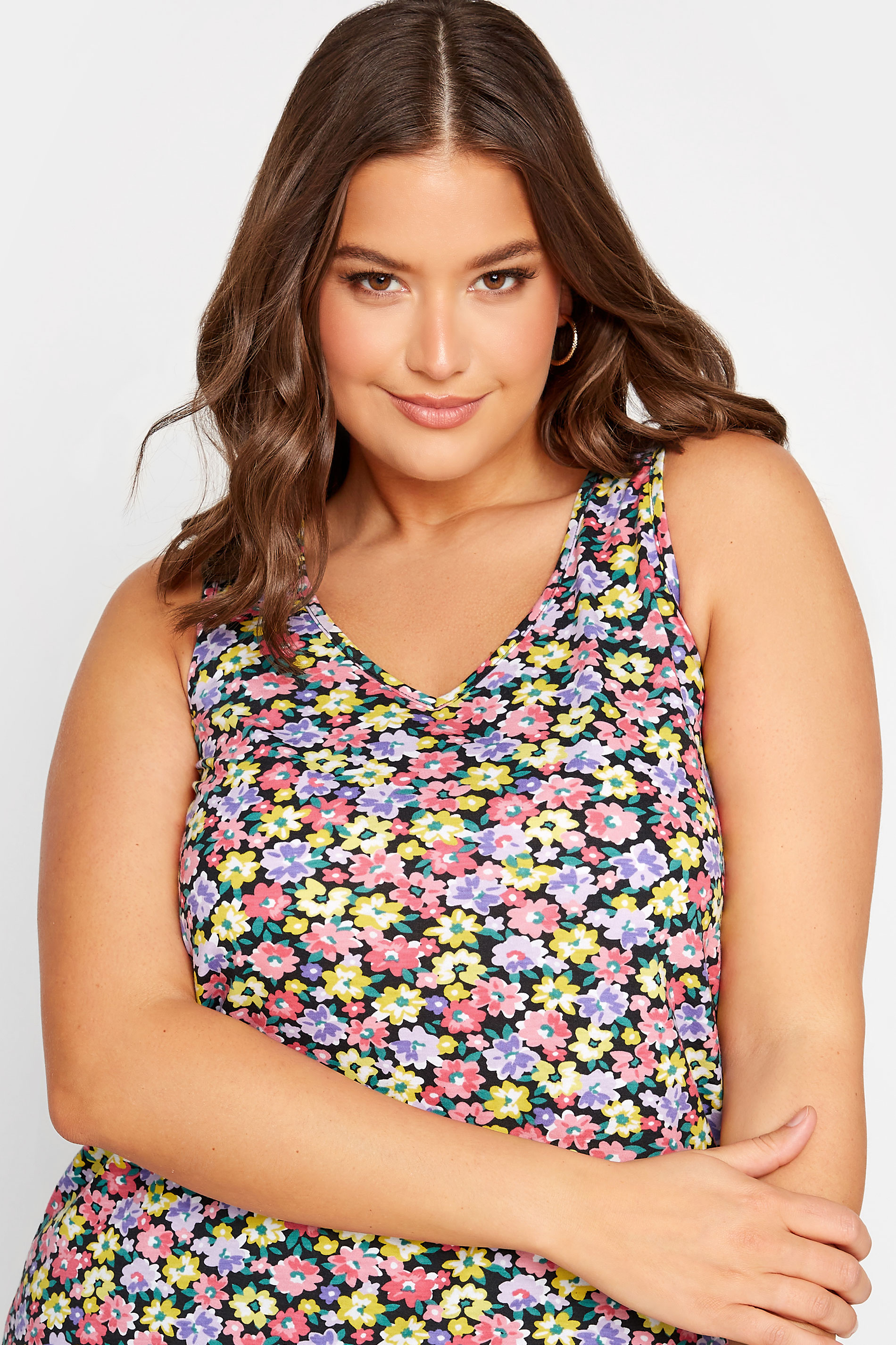 YOURS Curve Plus Size Pink Floral Bar Back Vest Top | Yours Clothing
