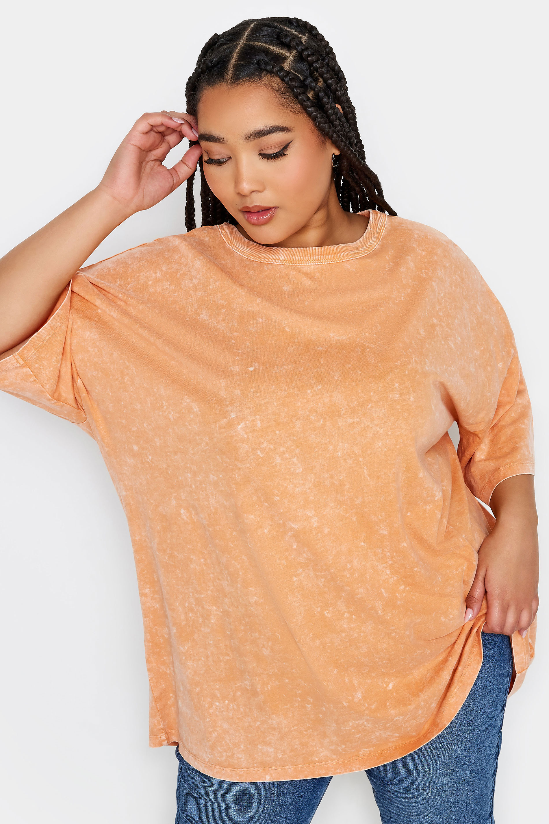 YOURS Plus Size Orange Acid Wash Boxy T-Shirt | Yours Clothing 1