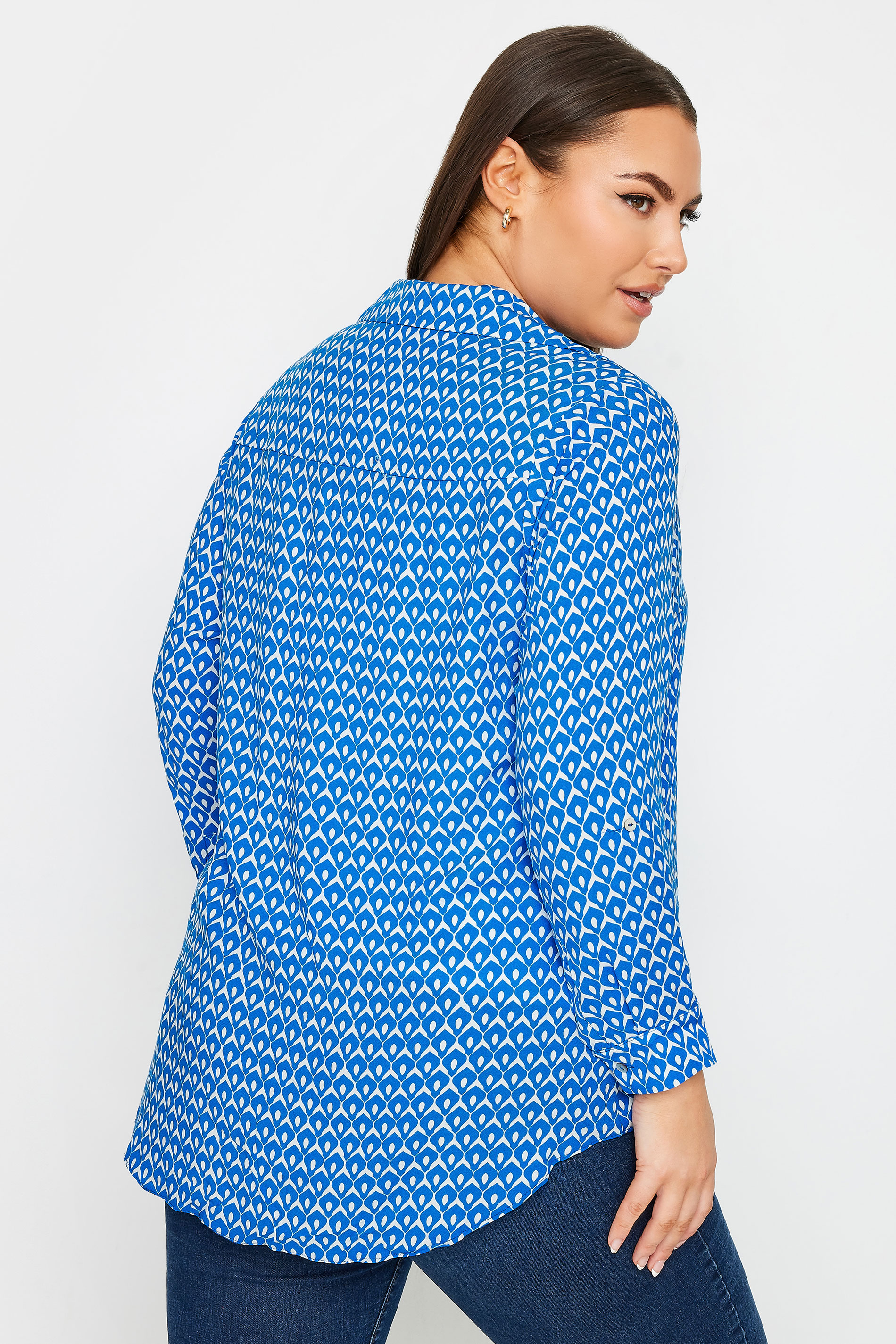 YOURS Plus Size Blue Geometric Print Button Through Shirt | Yours Clothing 3