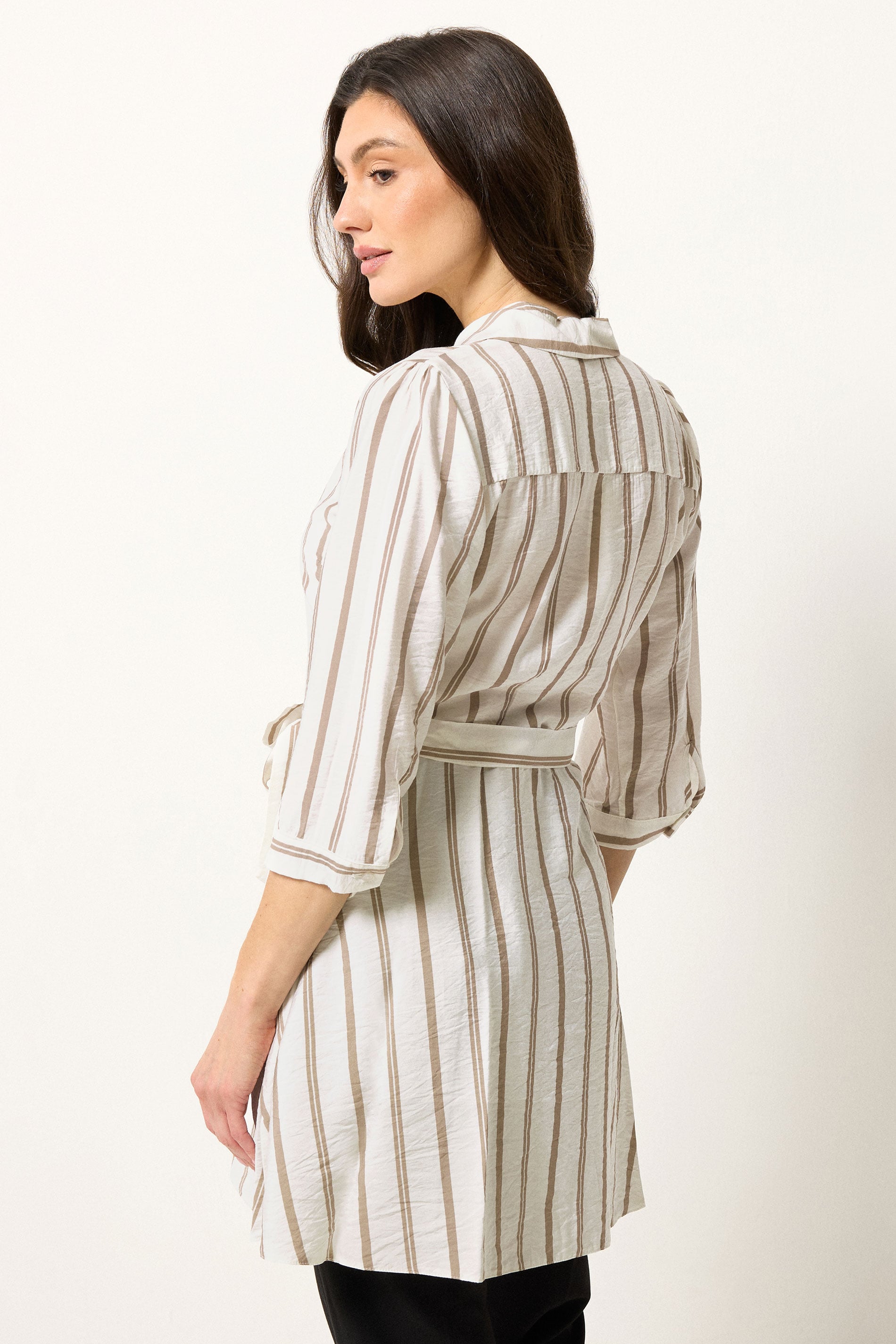 M&Co White & Mocha Brown Stripe Printed Belted Tunic Shirt 2