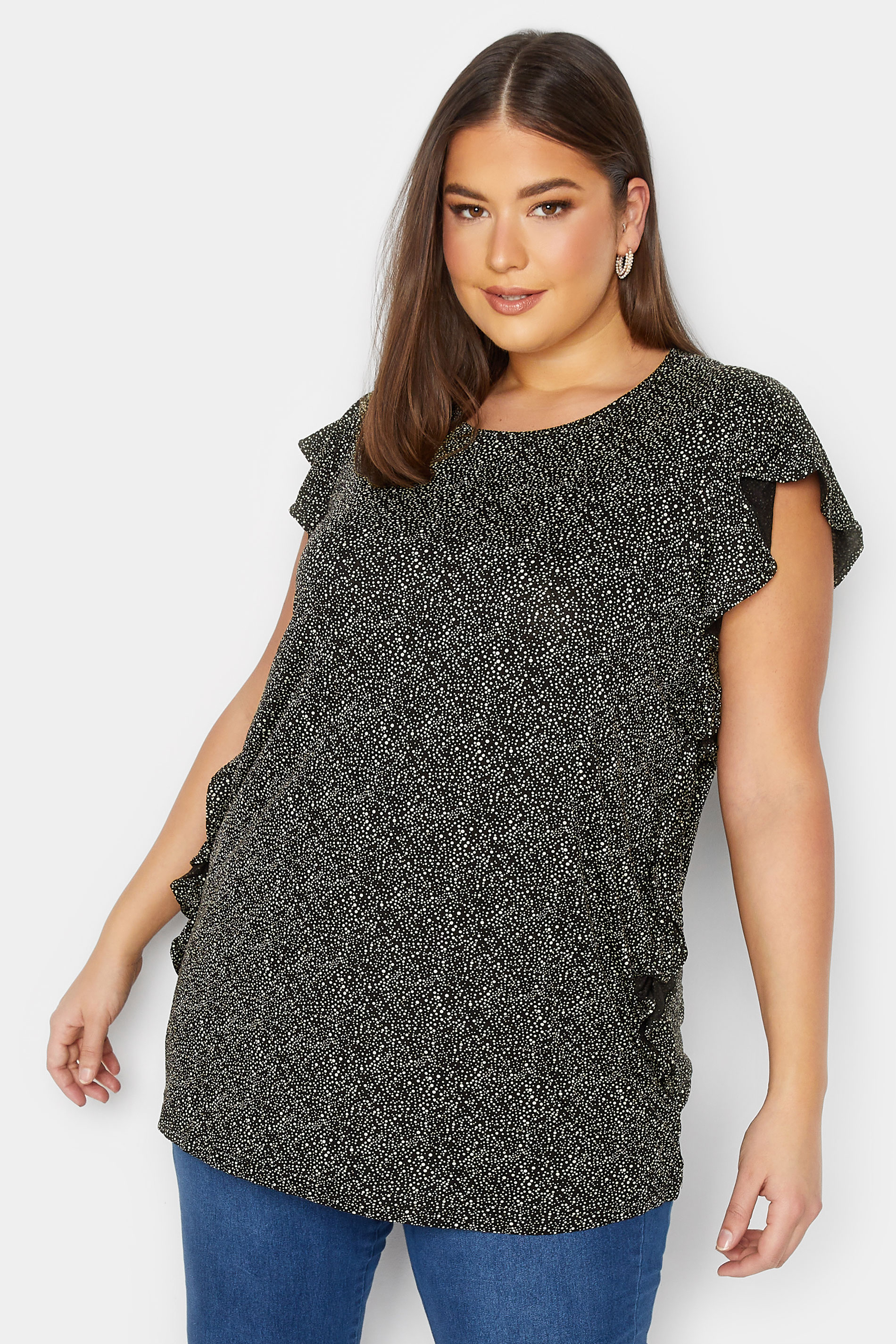 YOURS Plus Size Black Mini Spot Print Frill Sleeve Top | Yours Clothing 1