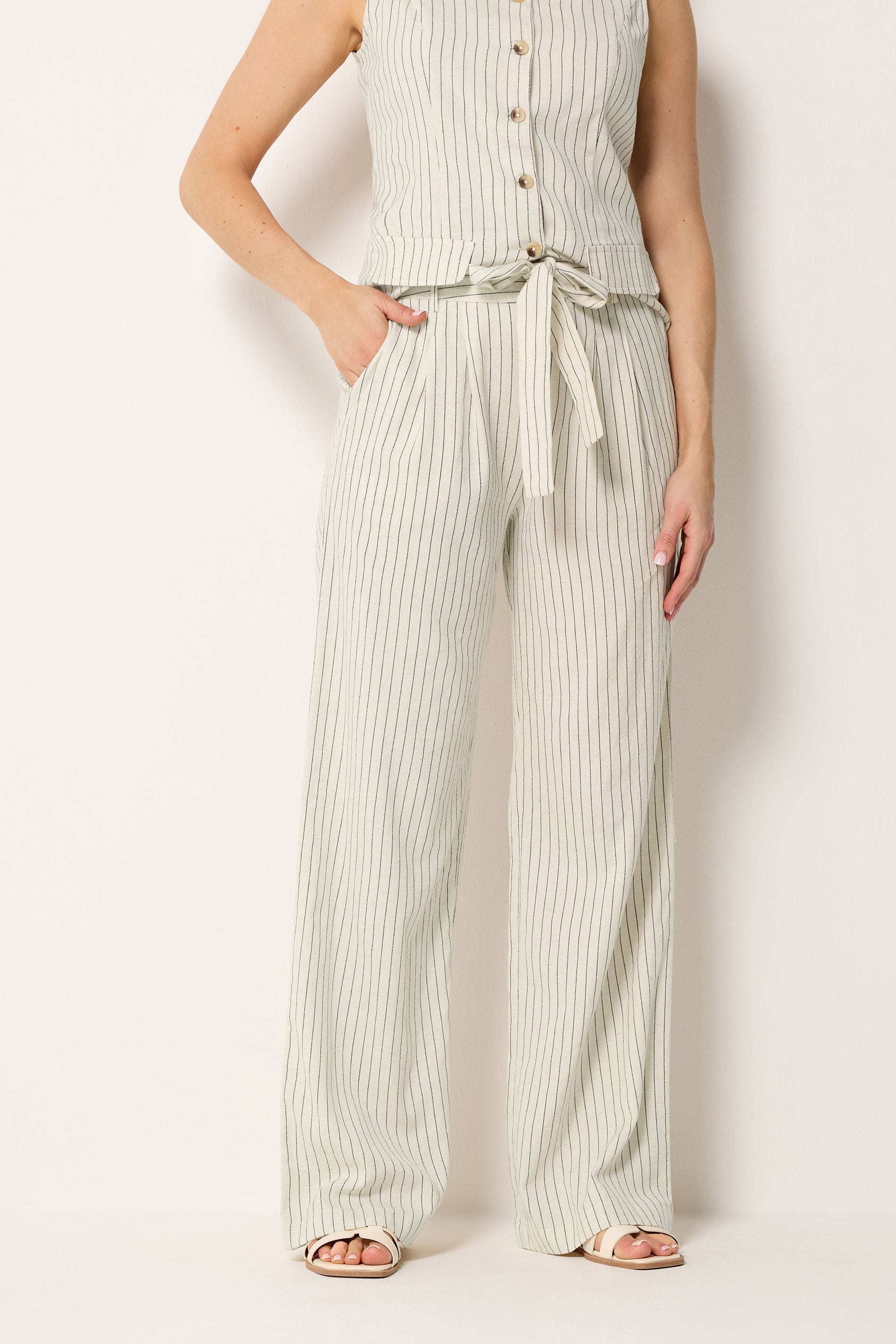 LTS Tall Women's Ivory White Pinstripe Linen Wide Leg Trousers | Long Tall Sally 2