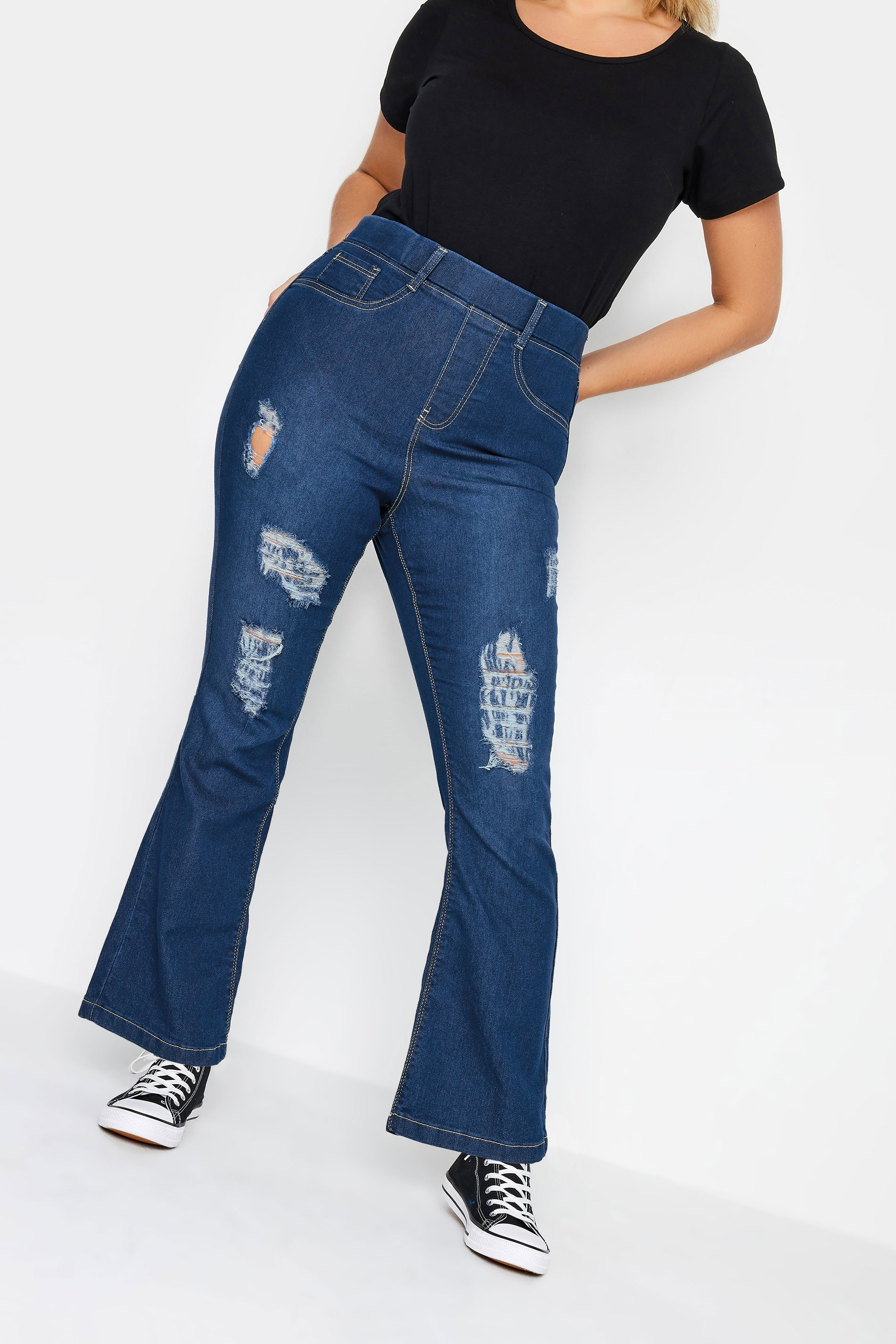 Curve Dark Blue Ripped HANNAH Bootcut Jeggings | Yours Clothing 1