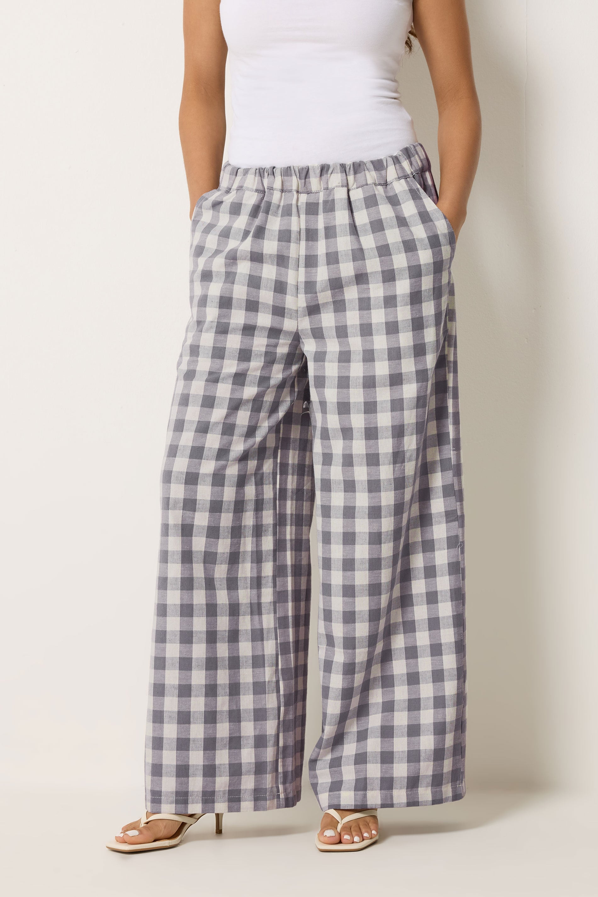 PixieGirl Petite Women's Grey Gingham Wide Leg Trousers | PixieGirl 1