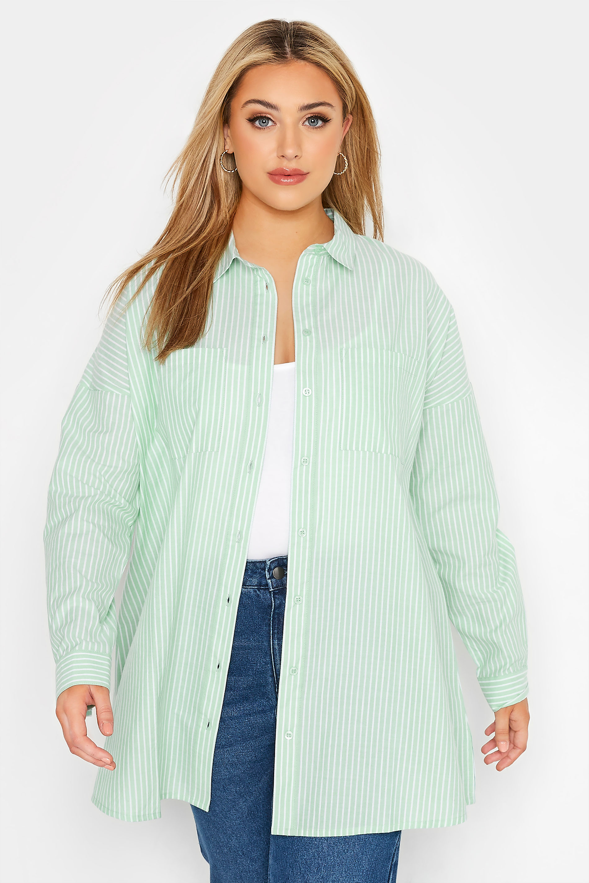 YOURS FOR GOOD Plus Size Sage Green Stripe Oversized Shirt | Yours Clothing  1