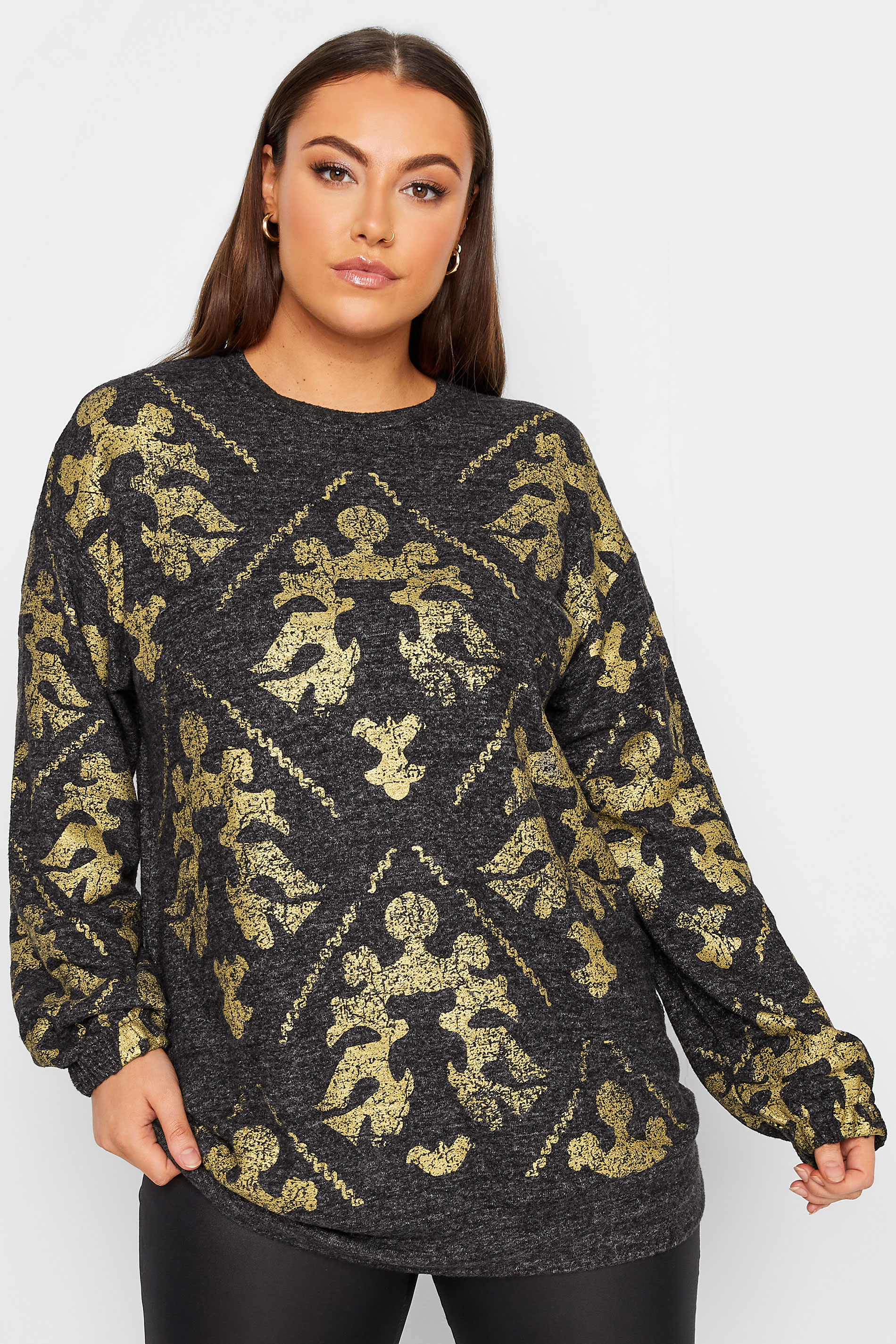 YOURS LUXURY Plus Size Curve Charcoal Grey & Gold Filigree Print Soft Touch Jumper 1