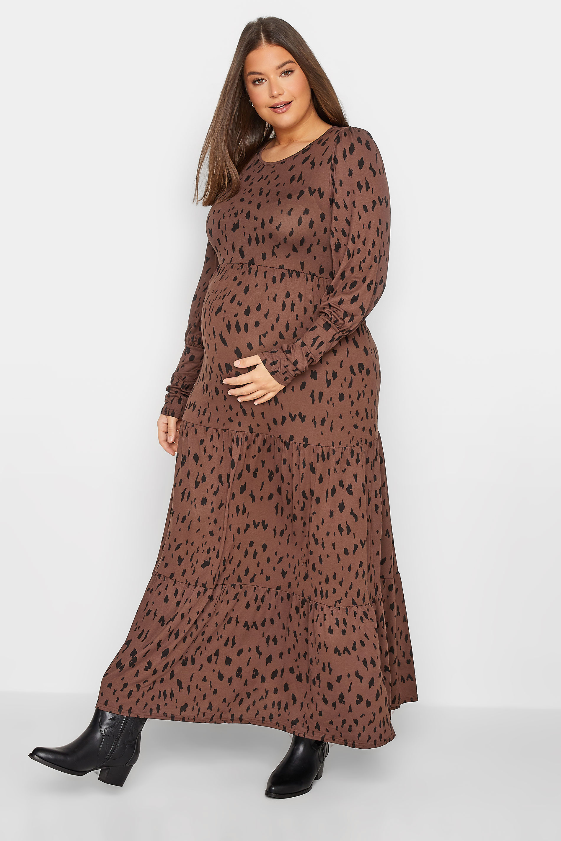 Tall Women's LTS Maternity Brown Animal Print Tiered Dress | Long Tall Sally 1