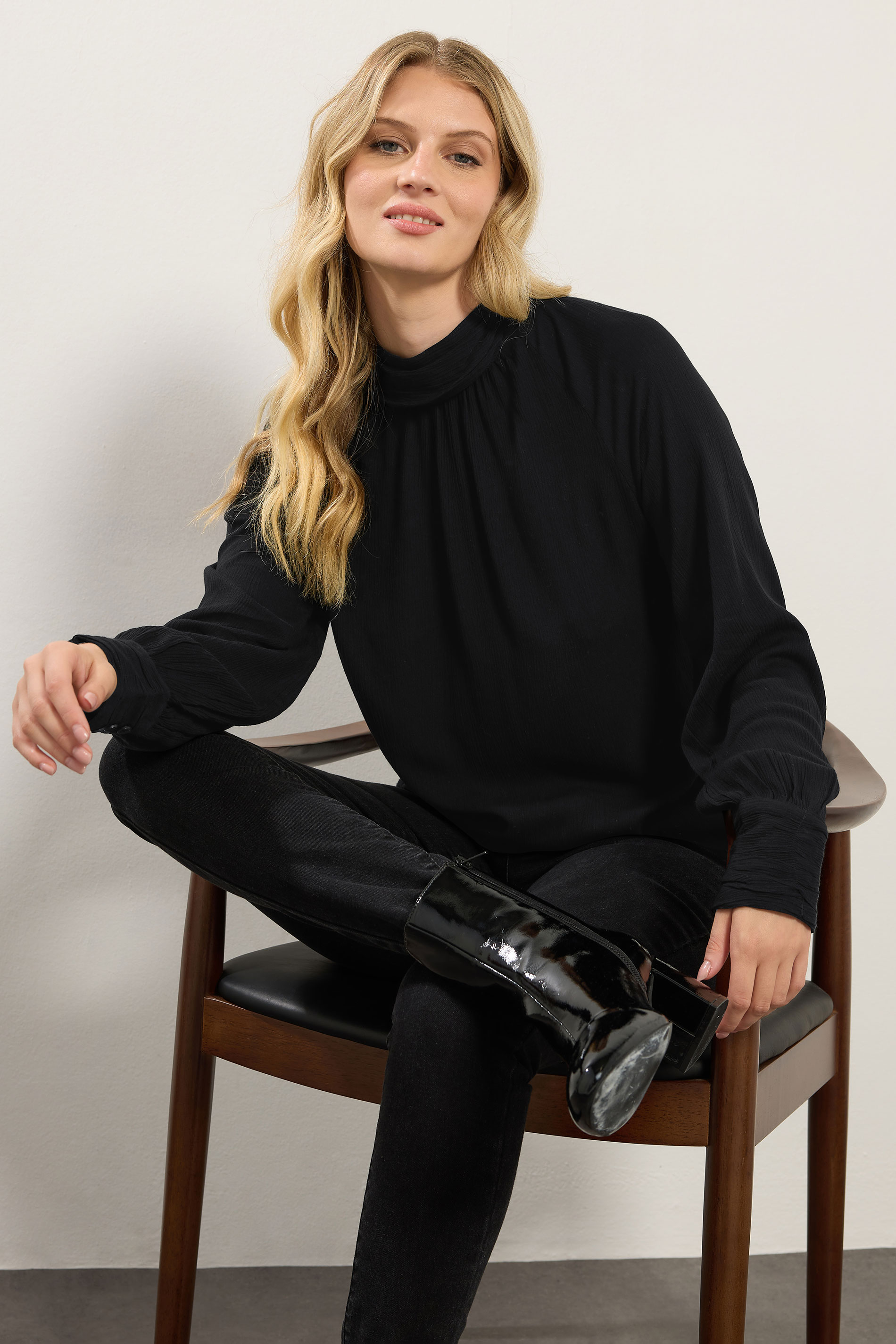 LTS Tall Black High Neck Crinkle Top | Long Tall Sally 1