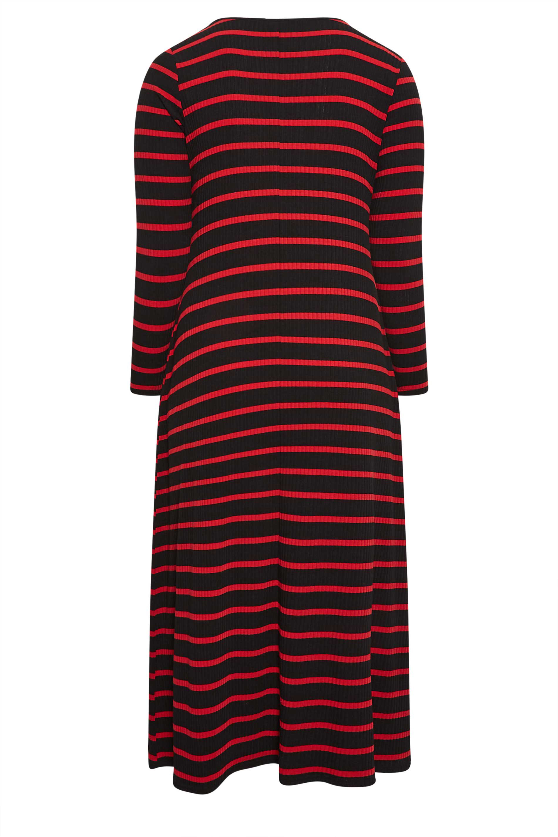 YOURS Curve Red Striped Ribbed Long Sleeve Swing Maxi Dress | Yours Clothing