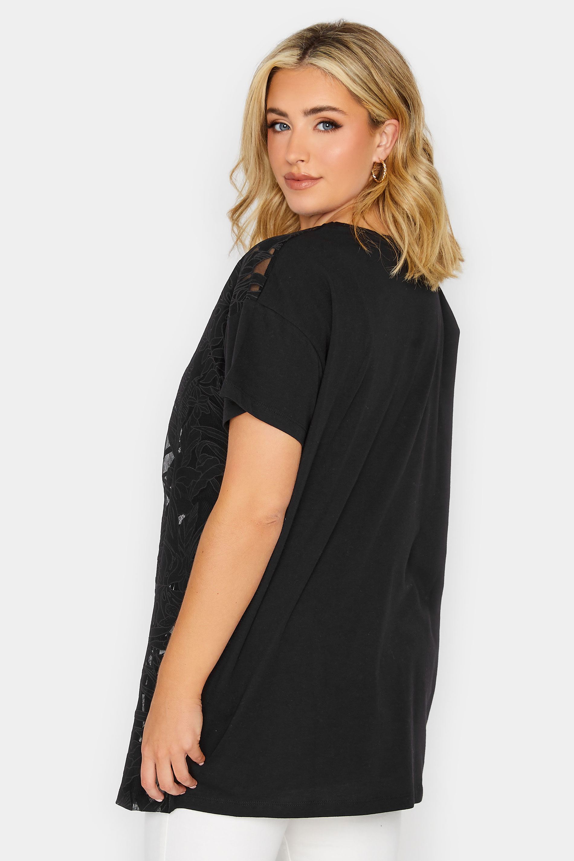 YOURS Plus Size Black Floral Mesh Panel T-Shirt | Yours Clothing 3